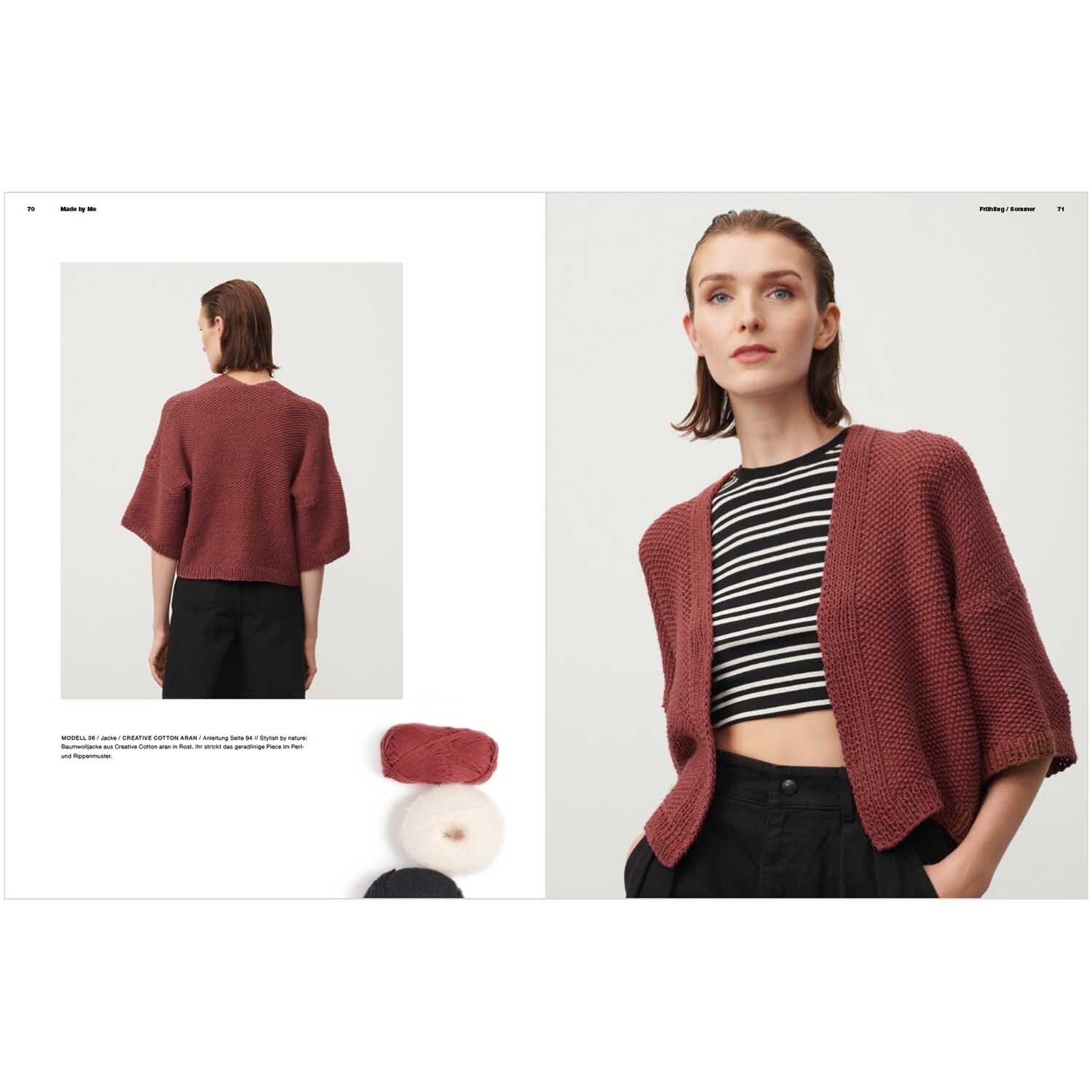 Made by Me Handknitting Nr.14 Frühjahr-Sommer: Frau trägt roten Strickcardigan von Rico Design über gestreiftem Shirt.