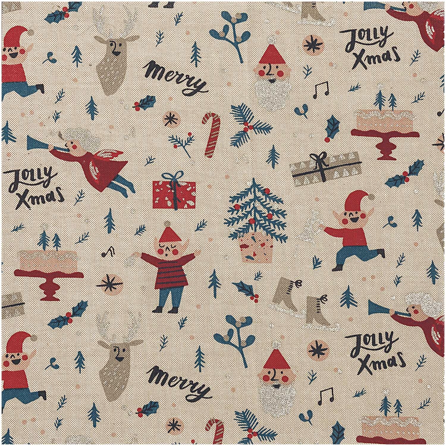 Druckstoff Leinenoptik Elfen natur-gold 140cm mit weihnachtlichen Motiven wie Elfen, Rentieren und Geschenken. Ideal für festliche Dekorationen.