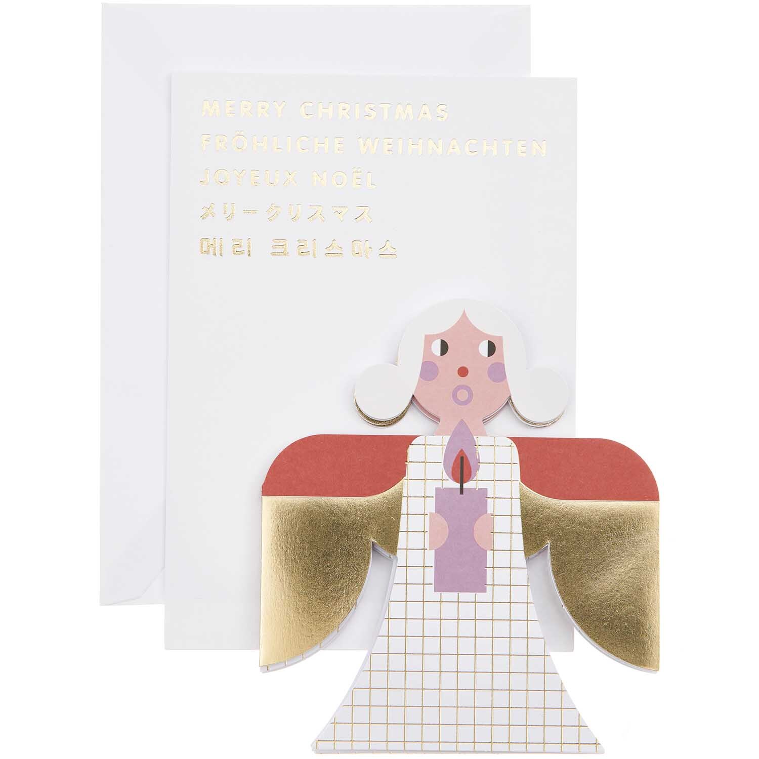 Paper Poetry Zickzack-Karte Engel zeigt einen Engel mit rotem und weißem Design, der eine Kerze hält.