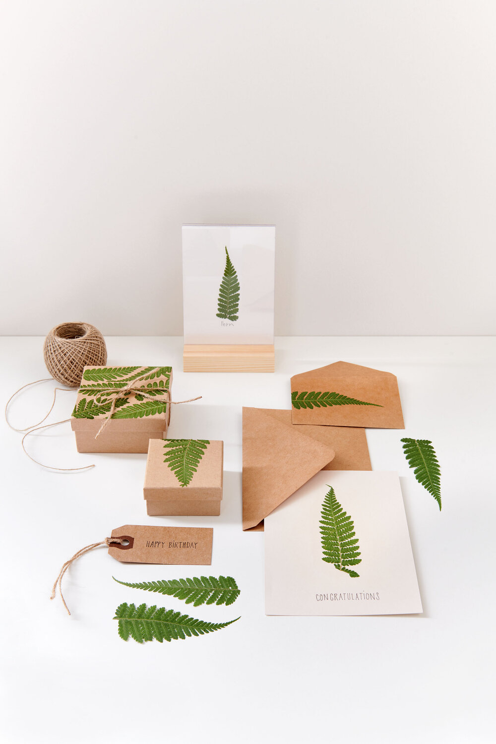 Gepresste Pflanzen Hasenpfortenfarn 8 Stück von Rico Design: Kunstvoll verpackte Seifen mit Pflanzenmotiven auf einem Holztisch.