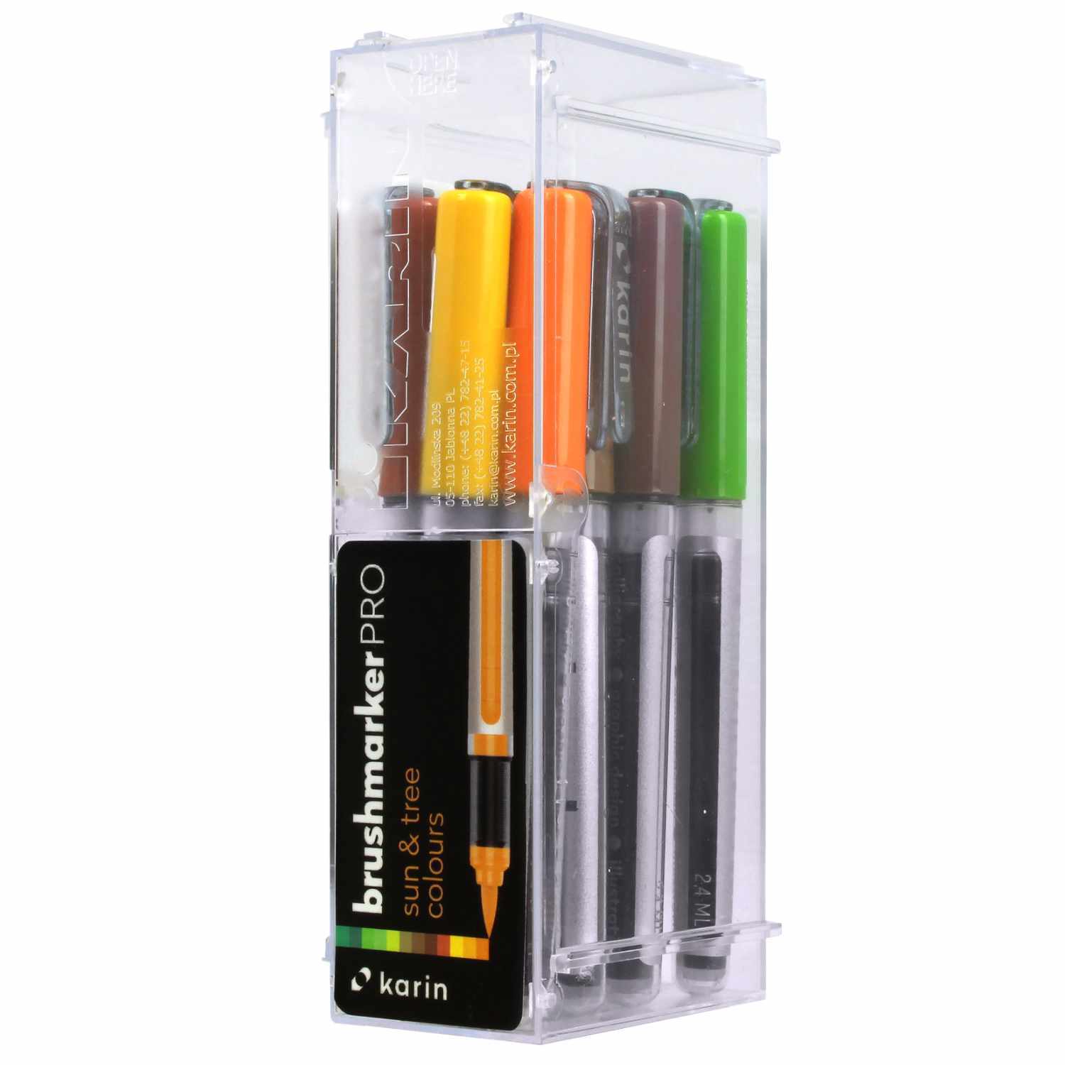 Brushmarker PRO Sun and Tree Set mit 12 Farben von Karin in einer transparenten Box, ideal für kreative Projekte.