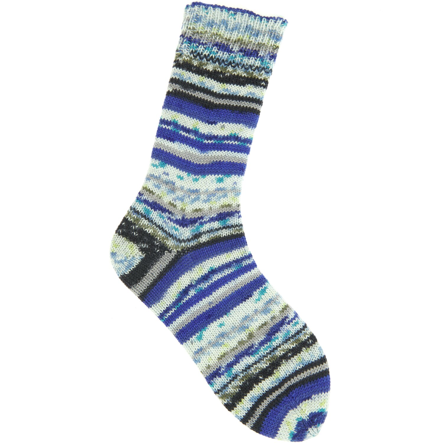 Socks Neon Fair Isle 4-fädig: Bunte Socke mit Streifenmuster in Blau- und Aquatönen, gestrickt aus Rico Design Garn.