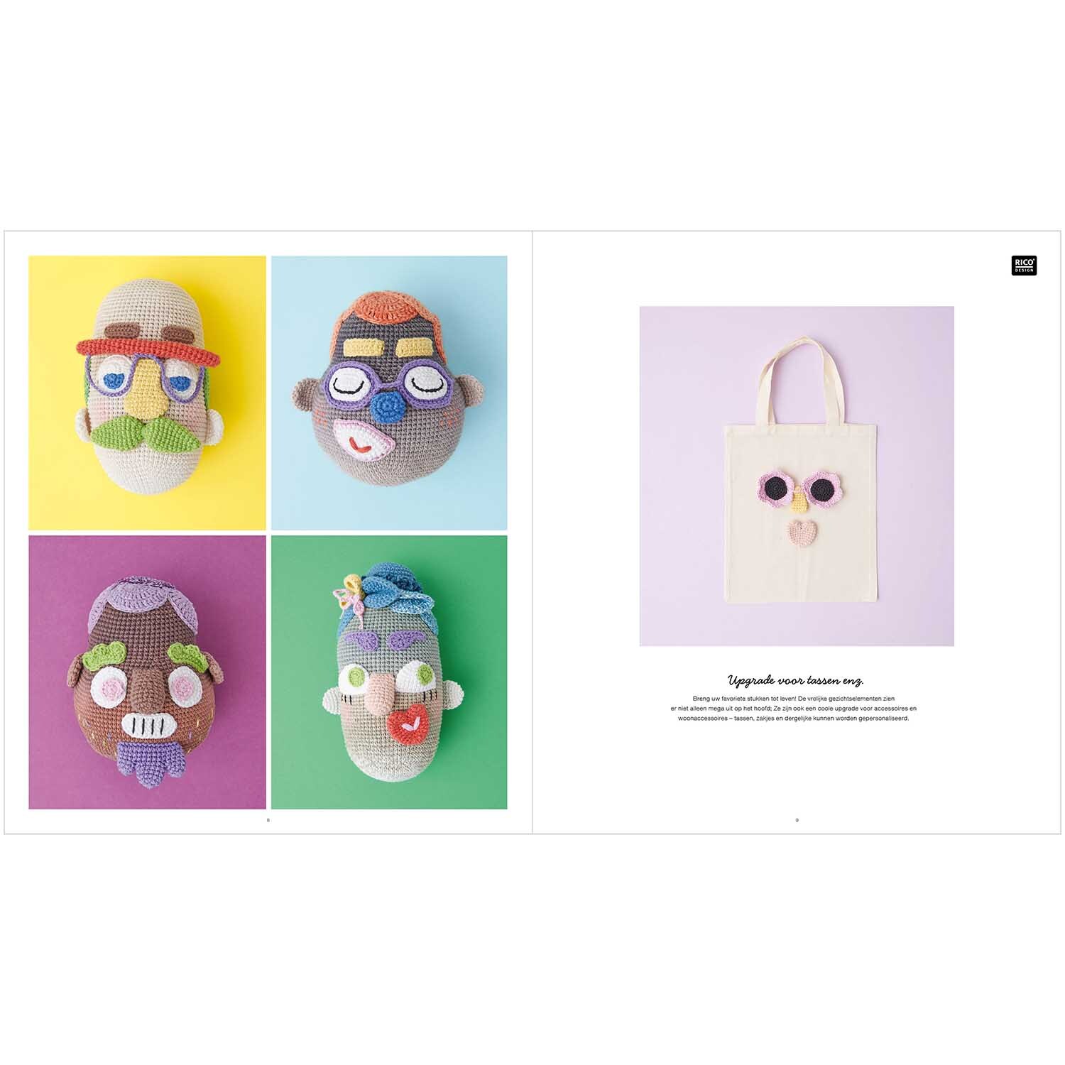 Ricorumi Crochet Your Face niederländisch: Vier gehäkelte Gesichter in bunten Farben und eine Tasche mit Augenmotiv.