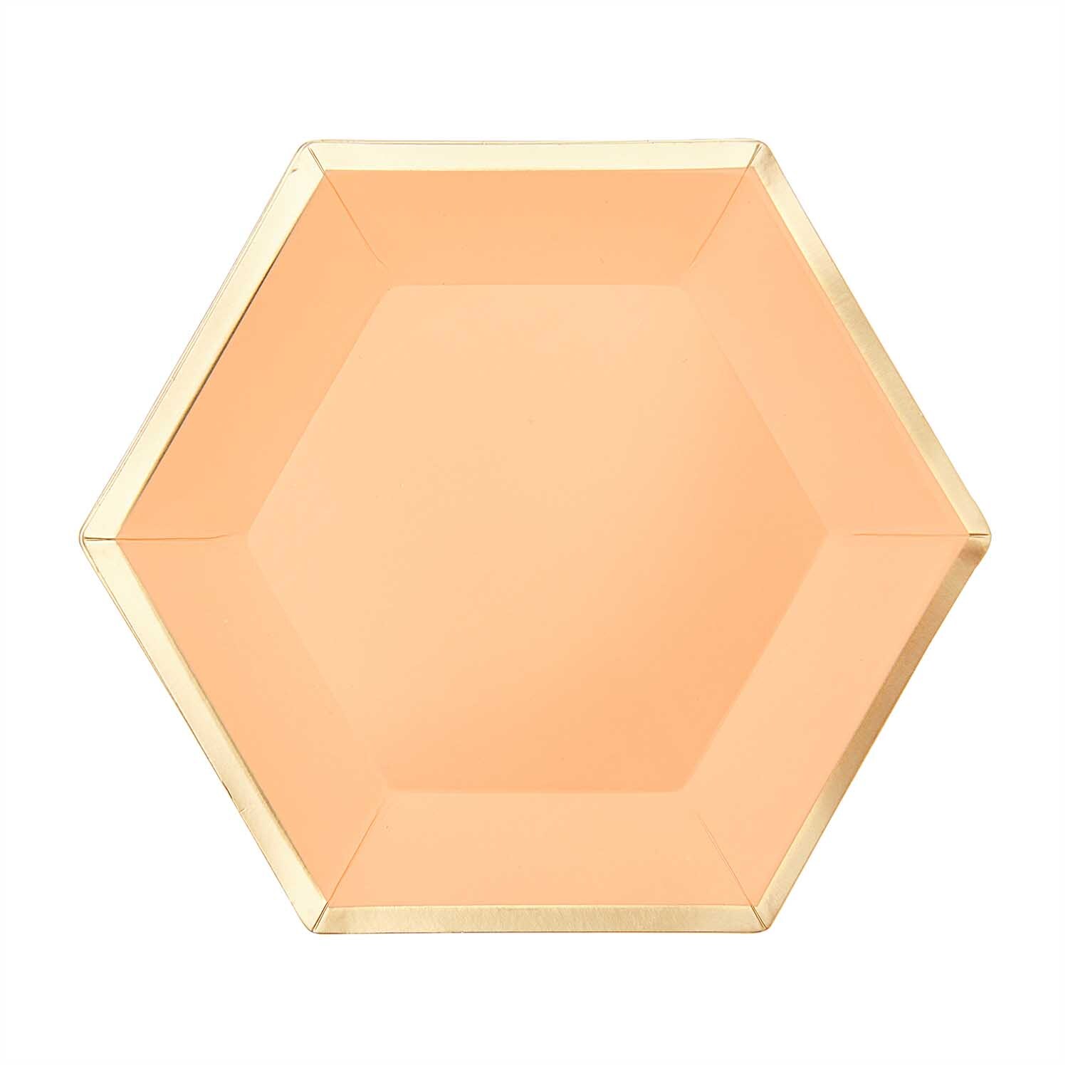 Pappteller Sechseck von Rico Design in Apricot mit goldenen Rändern, 16x13,5cm, 10 Stück.