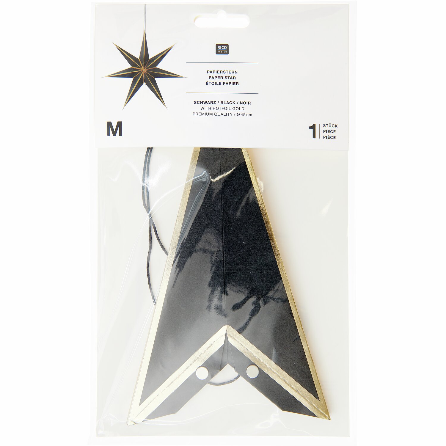 Papierstern, Ø45cm, Schwarz/Gold, von Rico Design. Dekorativer Stern für festliche Anlässe.