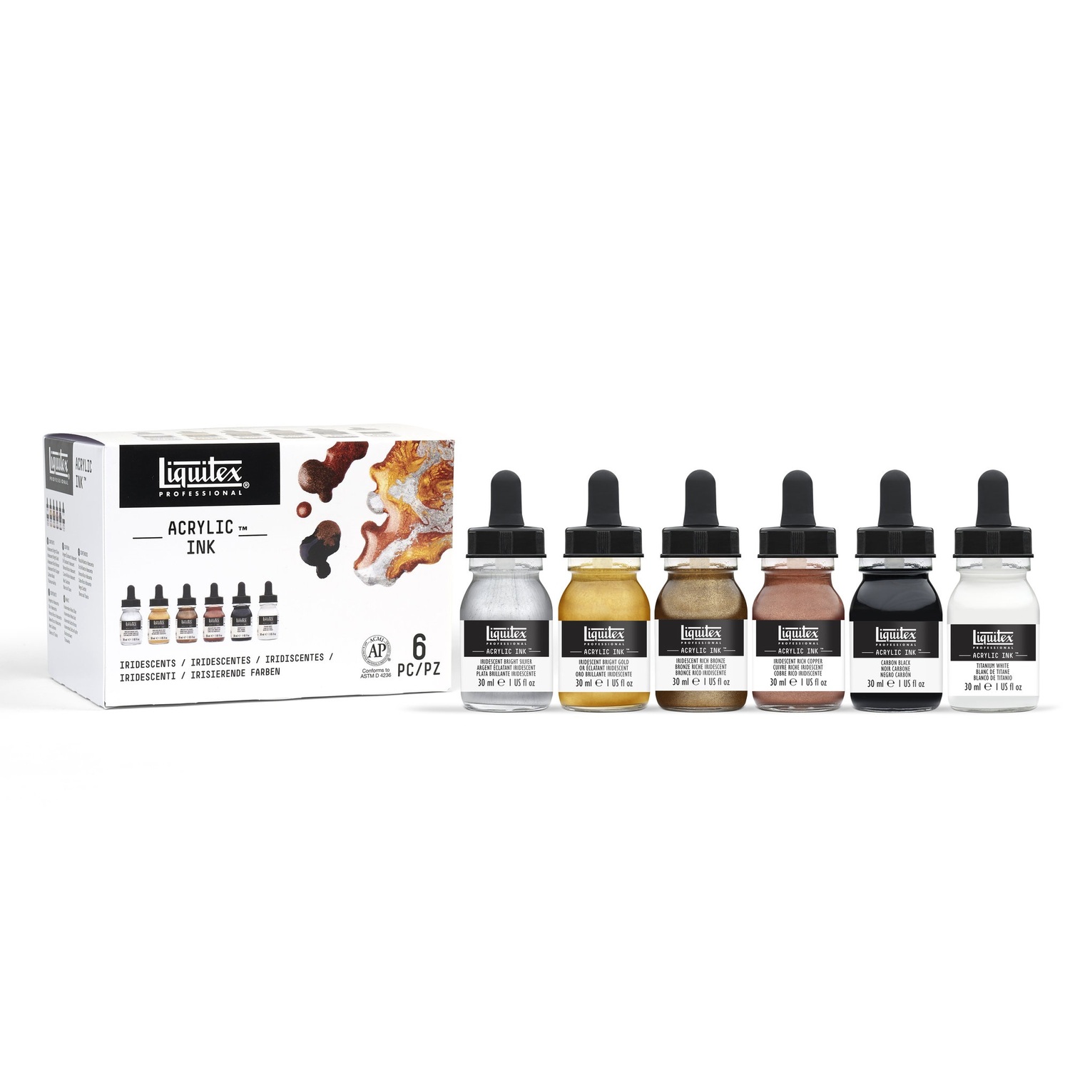 Ink flüssige Acrylfarbe Set Metallic 6x30ml zeigt sechs Flaschen in verschiedenen Farben vor der Verpackung. Ideal für kreative Projekte.