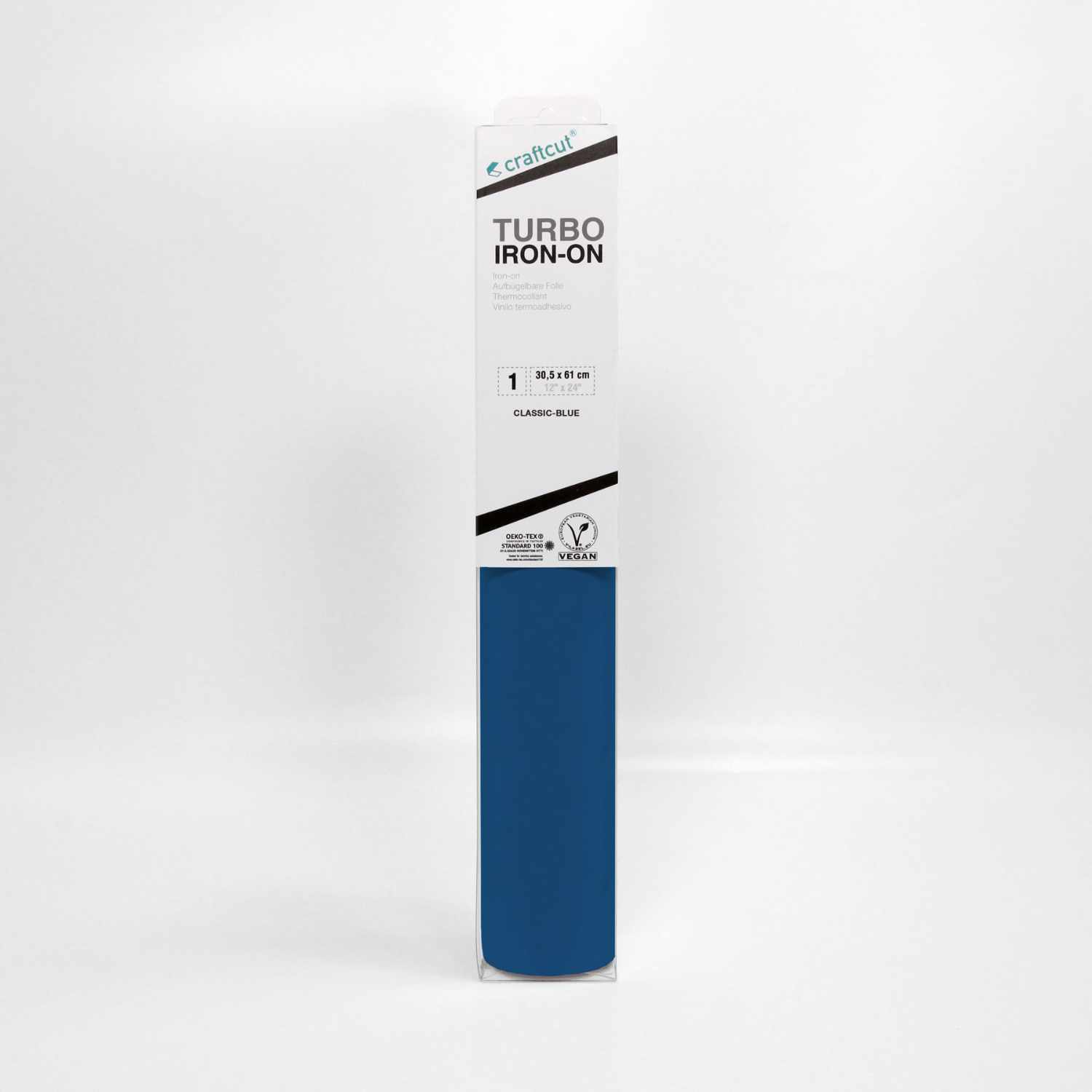 Iron-On Turbo Bügelfolie 30,5x61cm in Blau von craftcut, aufrecht stehend vor weißem Hintergrund.