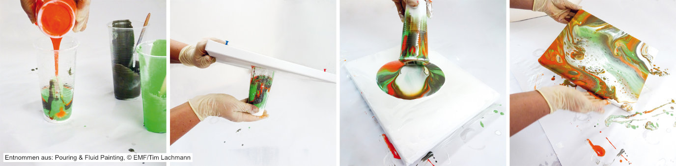Vier Bilder aneinandergereiht. Plastikbecher mit Farben, Hände die Leinwand und befüllten Becher halten, Becher wird von Leinwand genommen und Leinwand wird schräg gehalten.