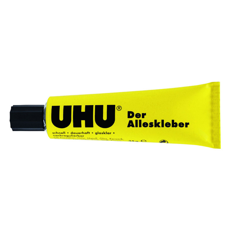 Alleskleber 35g: Gelbe UHU-Klebertube mit schwarzem Verschluss, ideal für vielseitige Anwendungen.