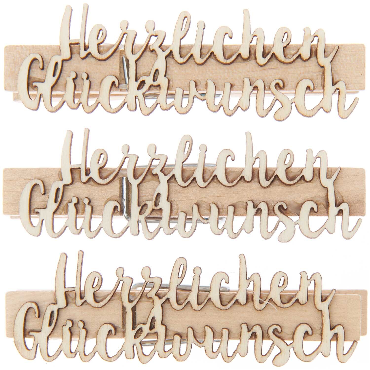 Holzklammern "Herzlichen Glückwunsch" von Rico Design, naturfarben, 10x70mm, 3 Stück, dekorativ und ideal für Geschenke.