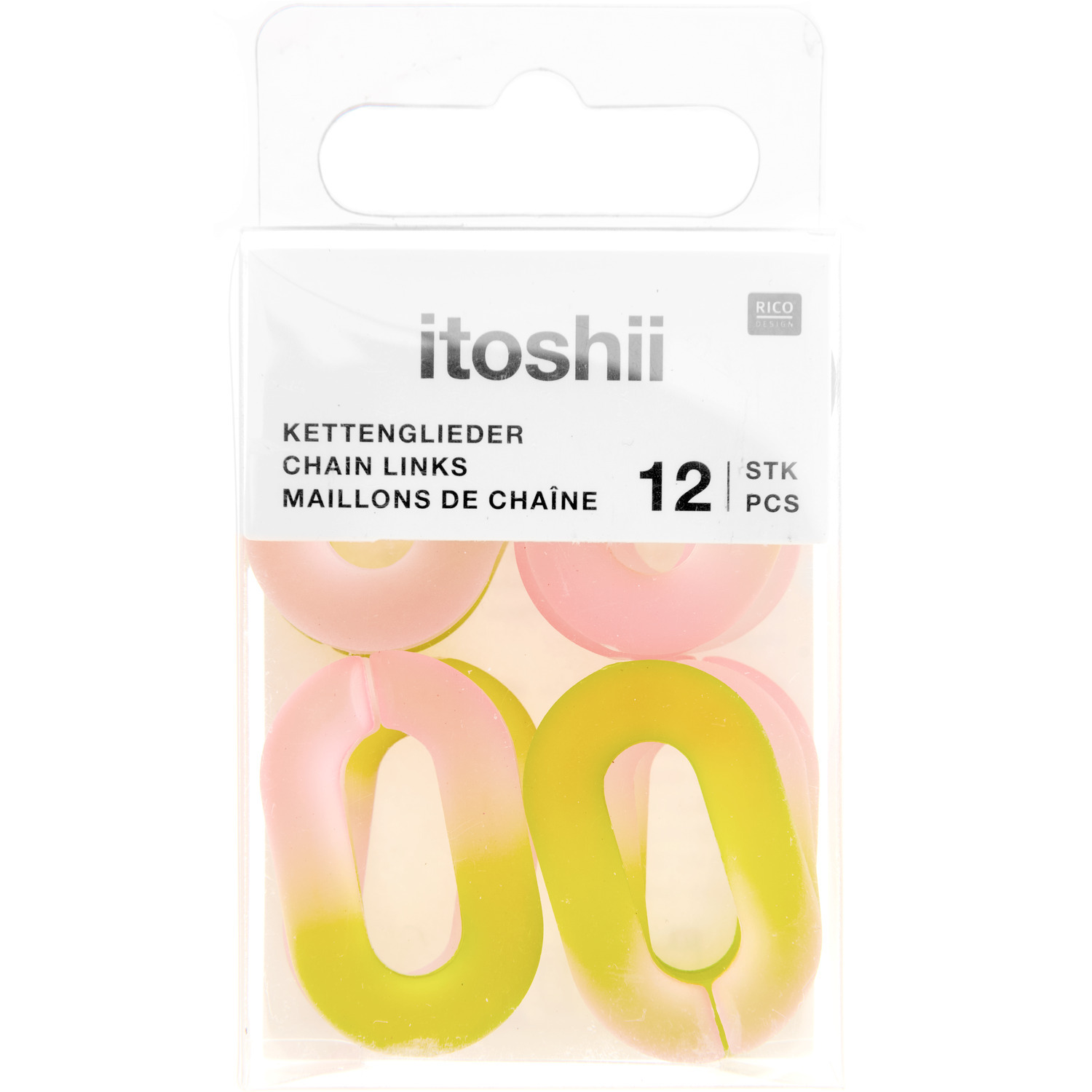itoshii Kettenglieder in Pink und Gelb, 12 Stück, 1,9x3,1x0,5cm, von Rico Design in einer transparenten Verpackung.