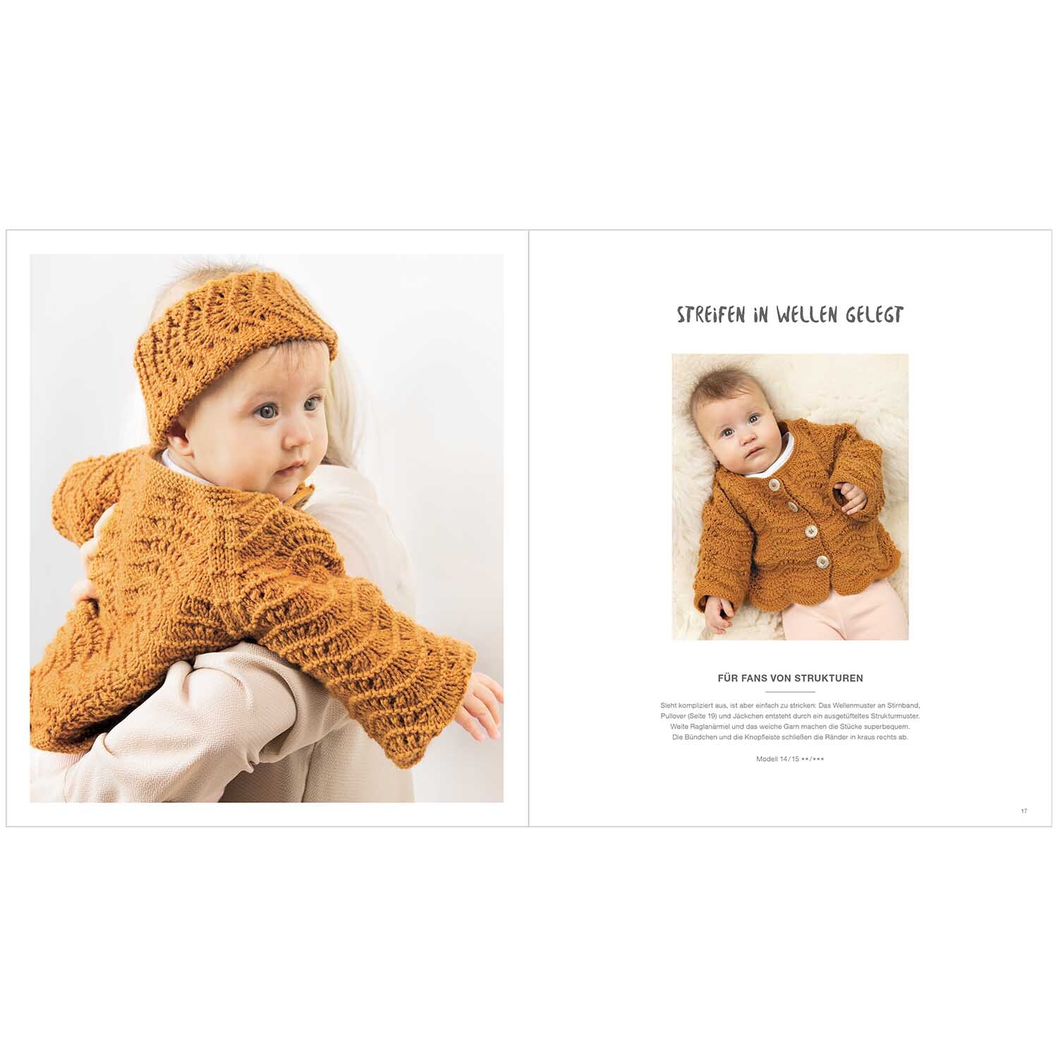 Rico Baby Heft Nr.28 zeigt ein Baby in gestrickter, senffarbener Kleidung mit passendem Stirnband.