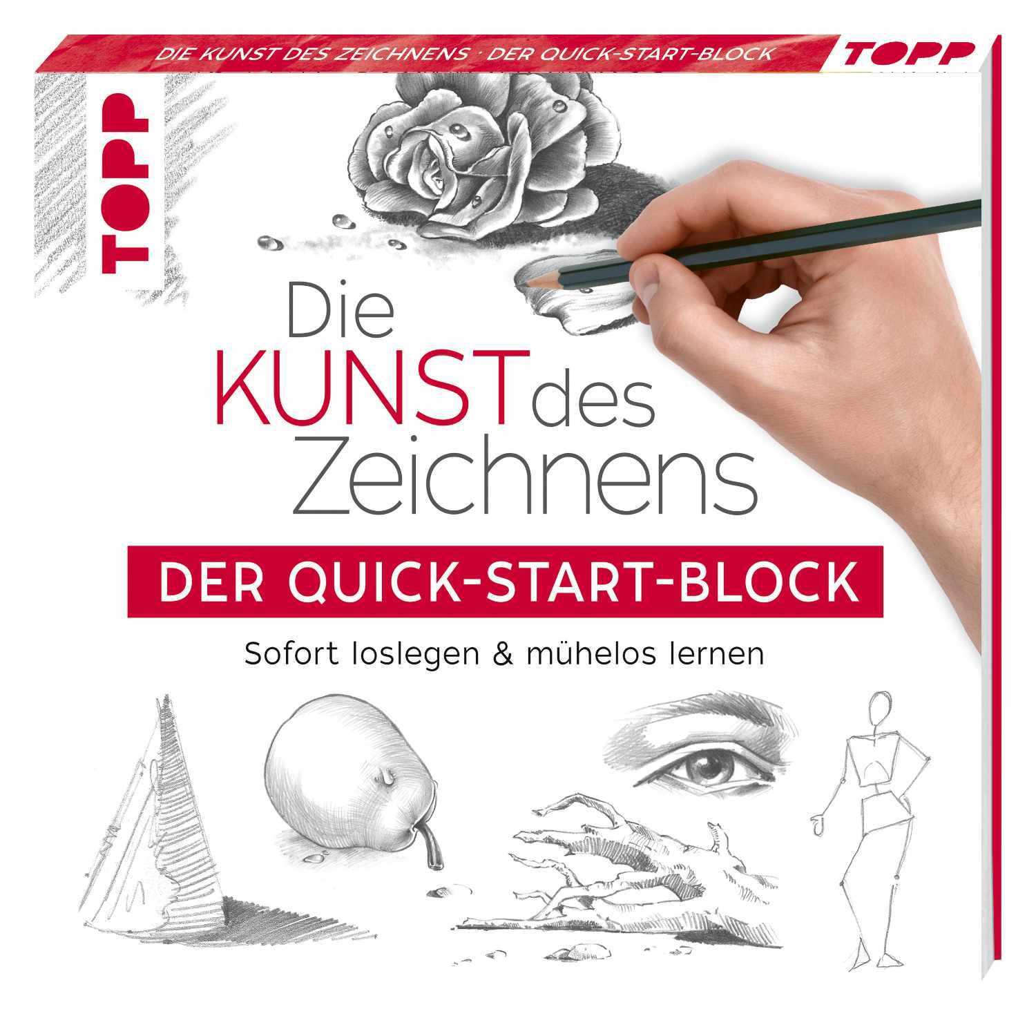 Die Kunst des Zeichnens - Der Quick-Start-Block zeigt eine Hand beim Zeichnen, umgeben von Skizzen. Marke: TOPP.