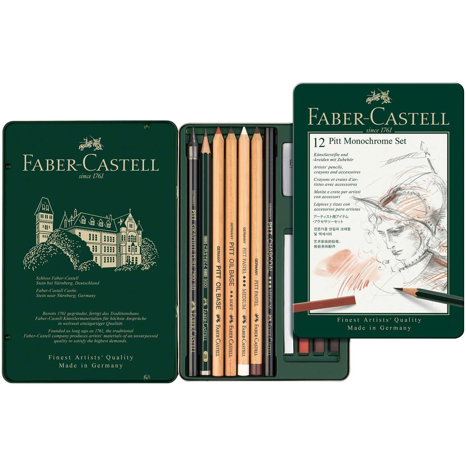 Pitt Monochrome Zeichenset von Faber Castell, 12-teilig, in geöffneter grüner Metallbox mit Stiften.