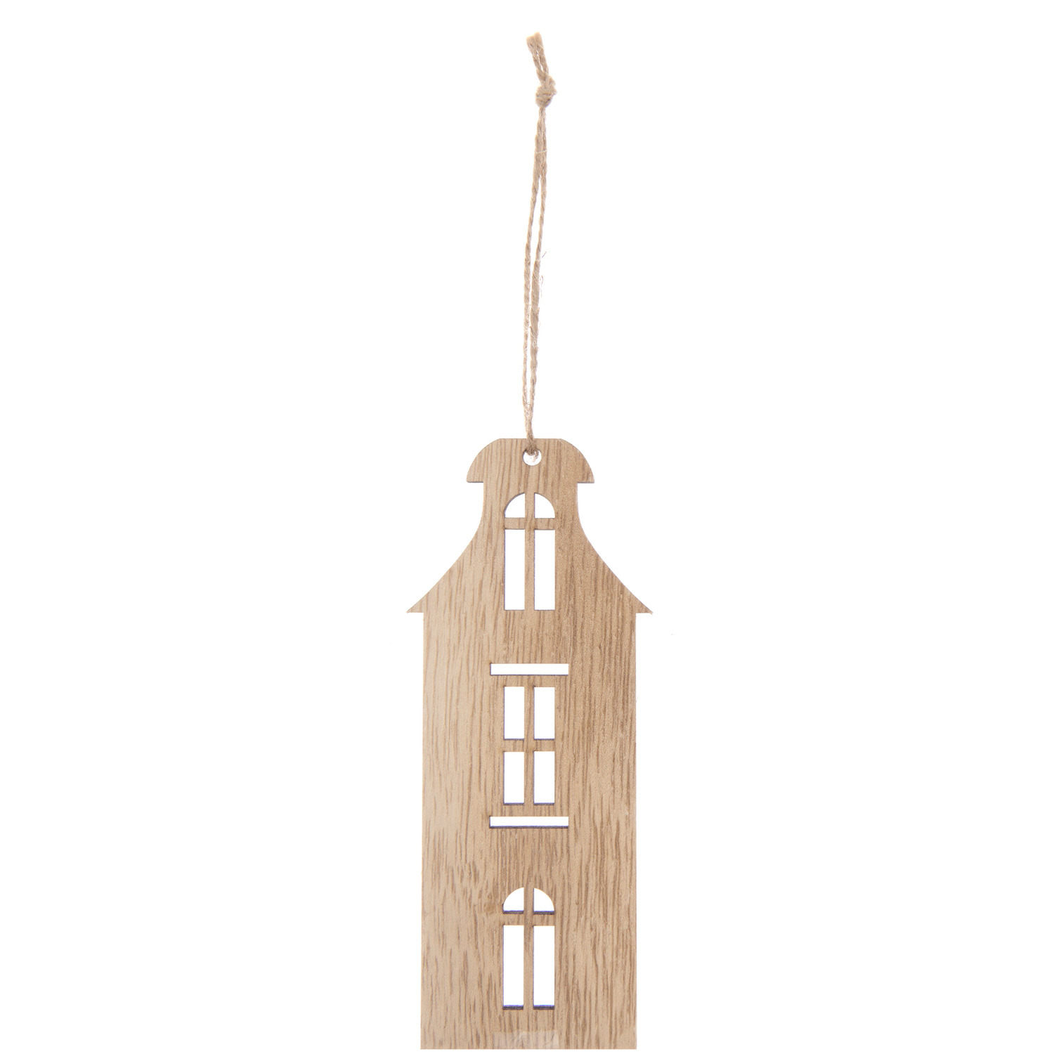 Holzanhänger Haus von Rico Design, 16x6cm, zeigt ein filigranes, naturfarbenes Hausmotiv mit Fensterdetails.