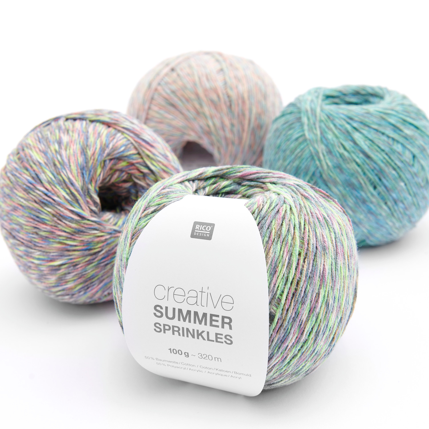 Creative Summer Sprinkles: Vier bunte Wollknäuel von Rico Design, ideal für kreative Strickprojekte.