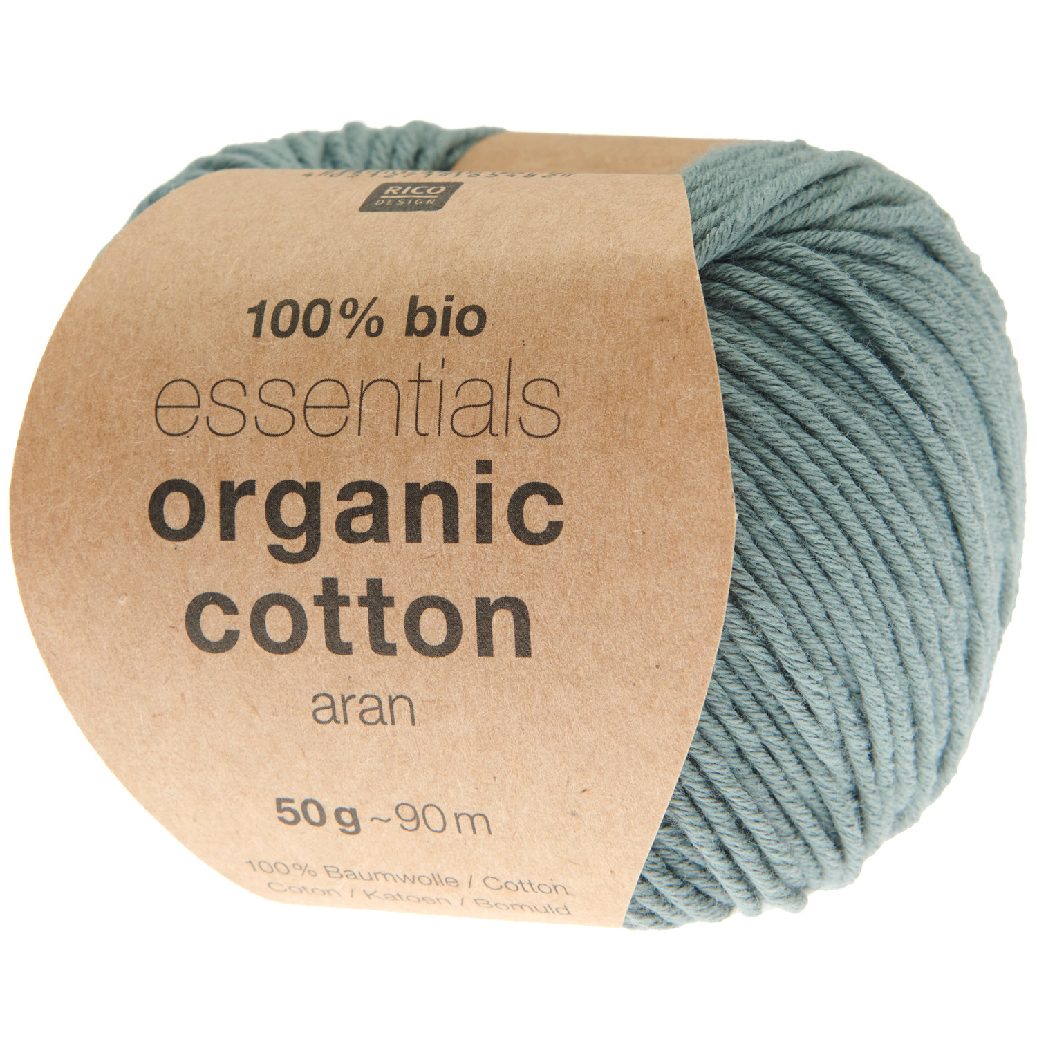 Essentials Organic Cotton aran Häkelset Tasche Modell 12 aus Lovewool No. 20 in petrol von Rico Design, 50g 90m, aufgerolltes Garnknäuel.