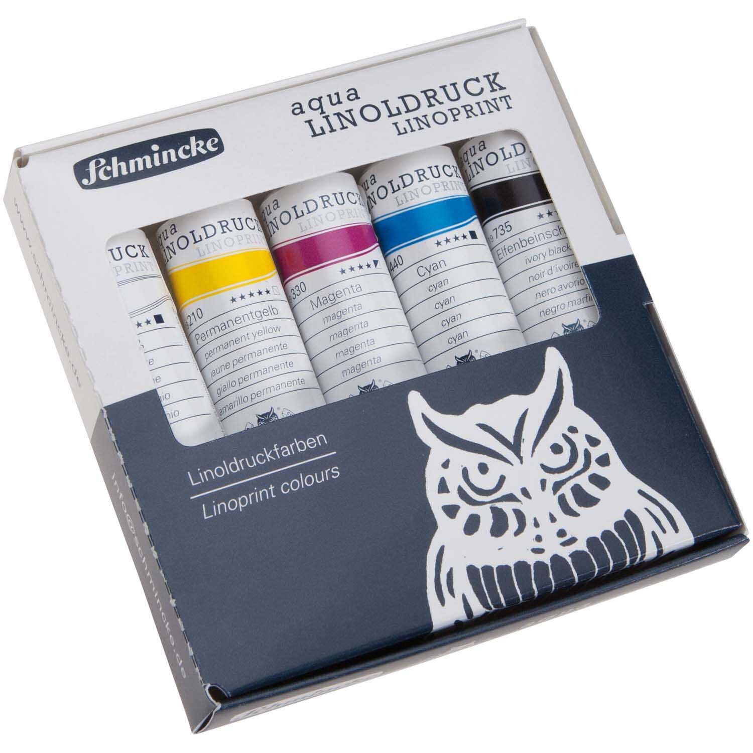Aqua Linoldruckfarbe Karton Set mit fünf mehrfarbigen 20ml Tuben von Schmincke, ideal für kreative Druckprojekte.