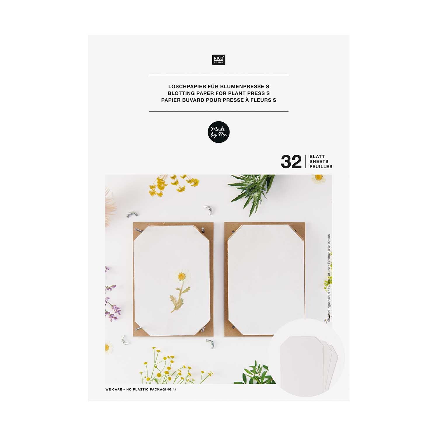 Nachfüllpackung Löschpapier für Blumenpresse von Rico Design, zeigt zwei Blätter mit gepressten Blumen, umgeben von floralen Motiven.