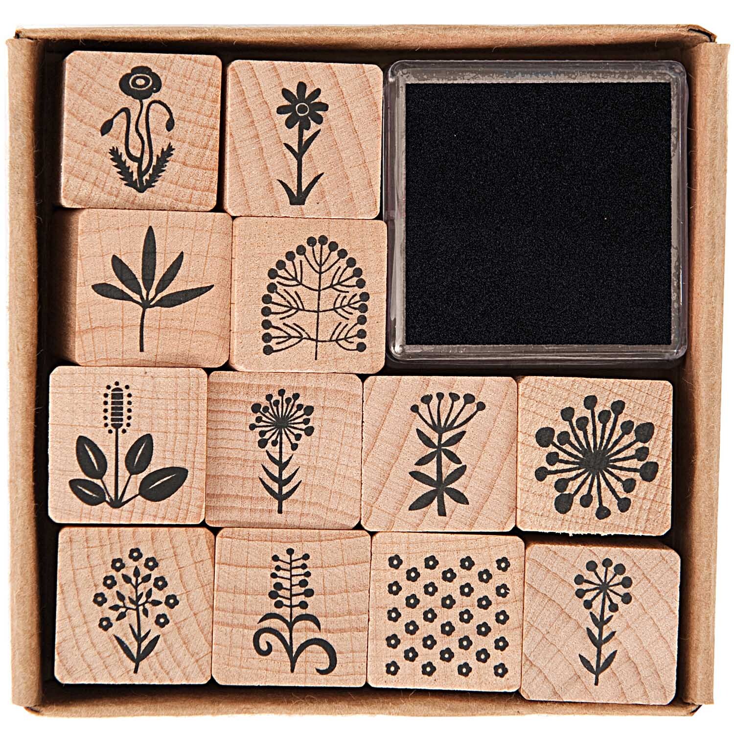 Paper Poetry Stempelset Blumen 2x2cm, 13-teilig, zeigt verschiedene Blumenmuster mit schwarzer Tinte. Ideal für kreative Projekte.