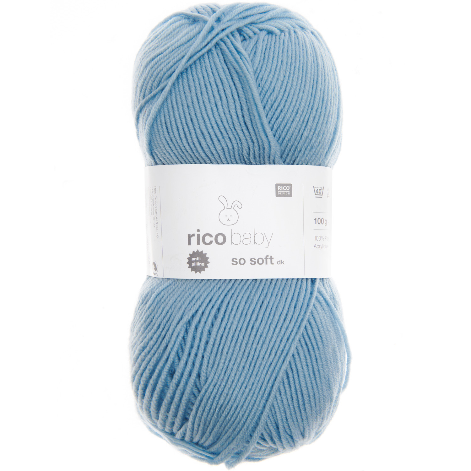 Rico Baby So Soft dk Wolle in Hellblau, 100g 250m, ideal für sanfte Strickprojekte.