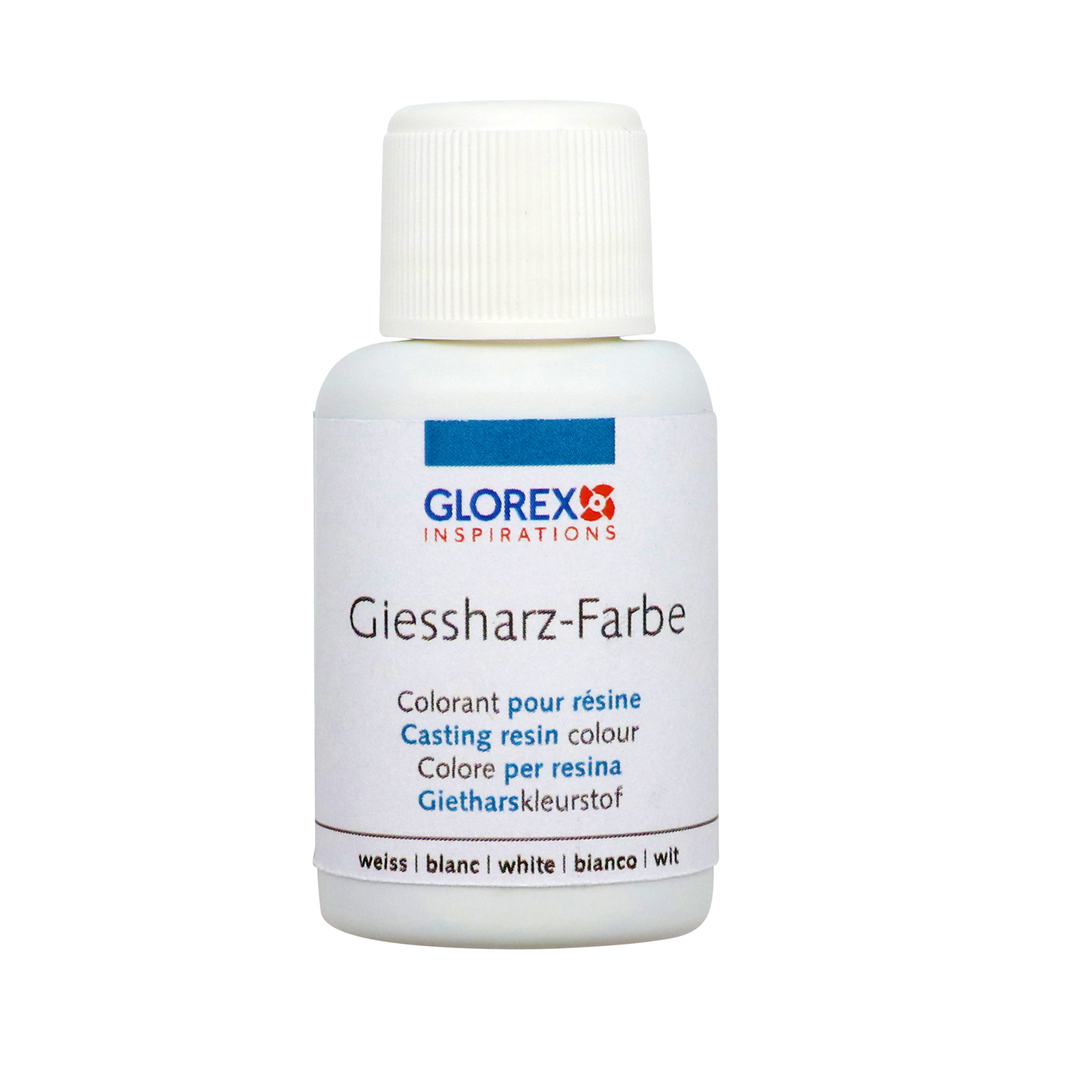 Gießharz-Farbe 20ml von Glorex in Weiß. Die Flasche zeigt das Etikett mit Produktinformationen.