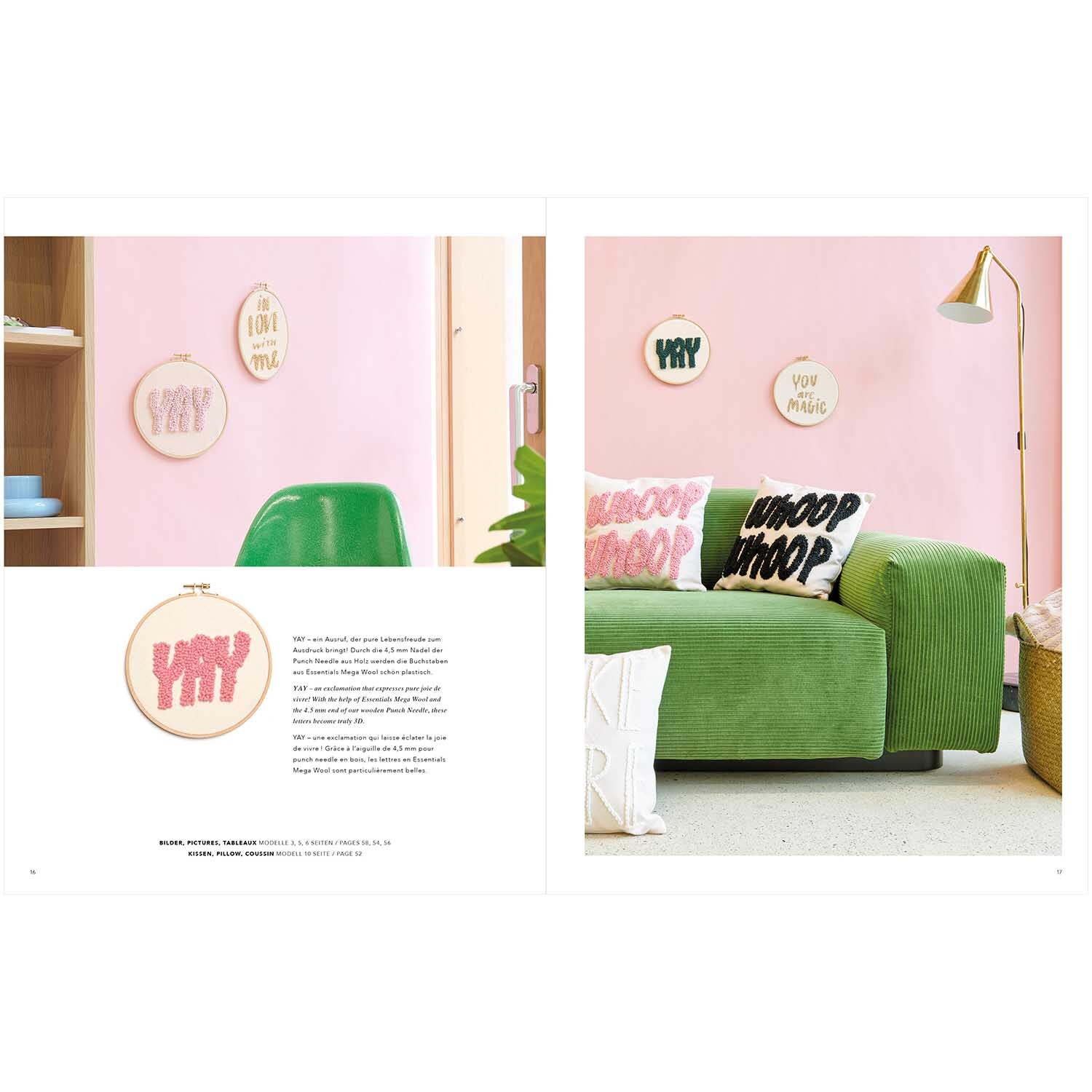 Stickbuch Punch Needle No. 6 zeigt gestickte Motive an einer rosa Wand über einem grünen Sofa.