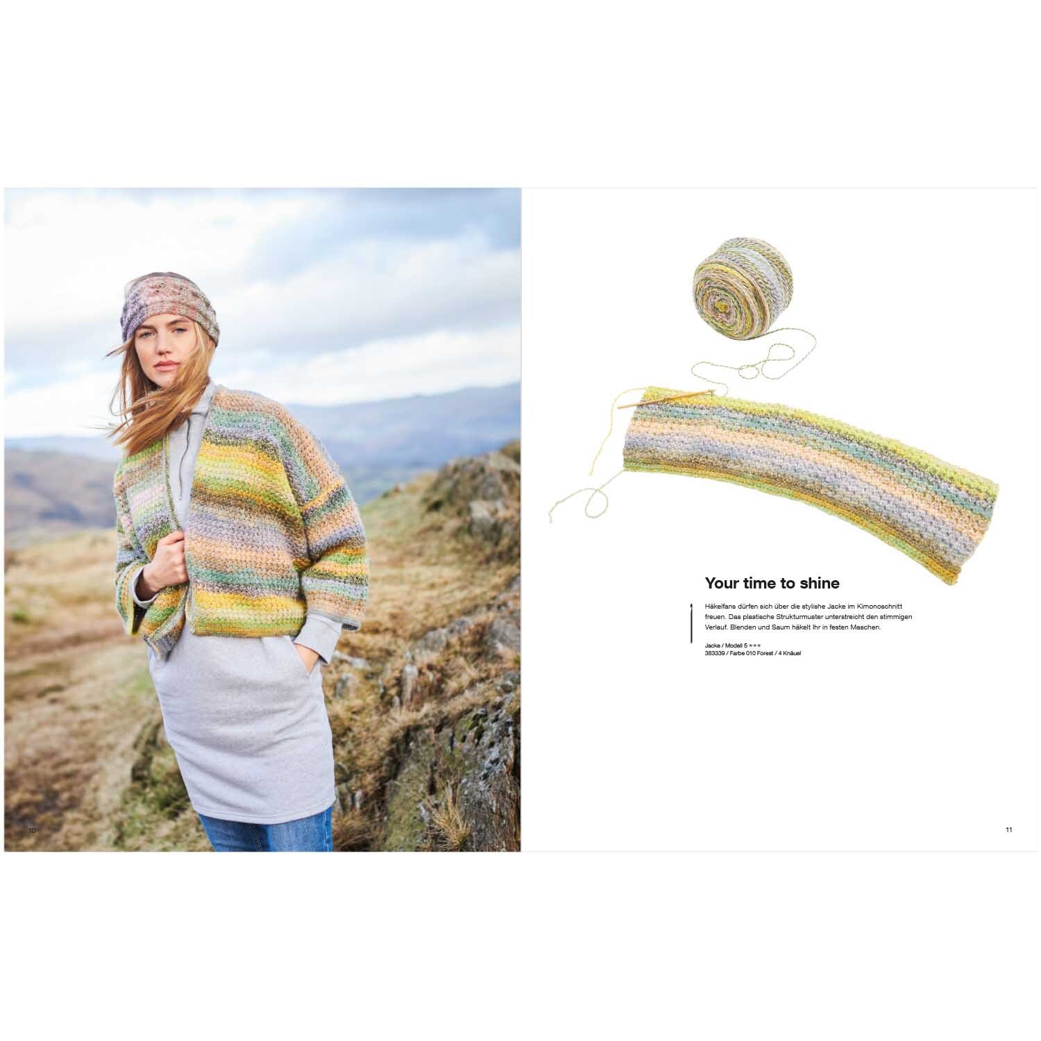 Creative Chic Unique dk Special: Frau in gestricktem, mehrfarbigem Outfit von Rico Design in Landschaft.