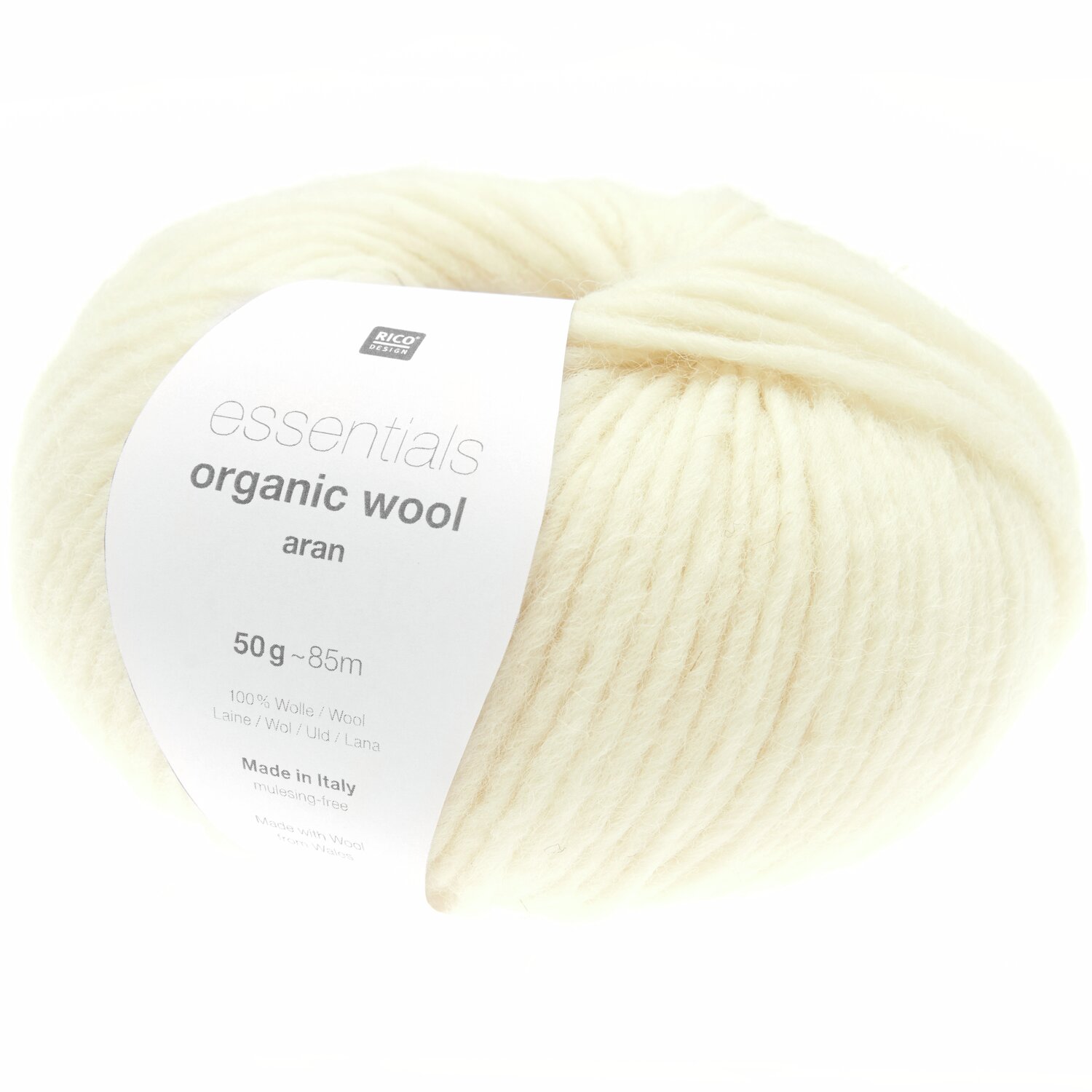 Essentials Organic Wool aran: Weiches, cremefarbenes Garn von Rico Design, 50g Knäuel mit 85m Länge. Ideal für nachhaltige Strickprojekte.