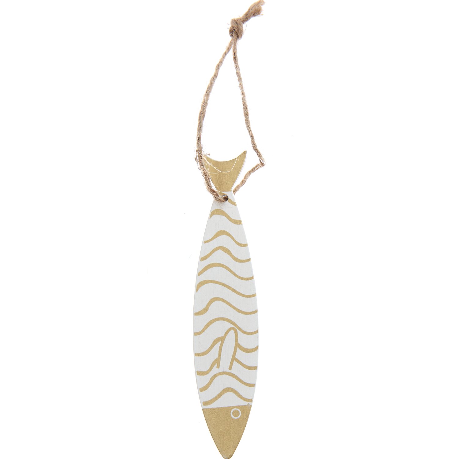 Holzhänger Fisch schmal weiß-gold 2,3x11cm mit wellenförmigem Muster und Juteband zum Aufhängen. Ideal für maritime Dekorationen.
