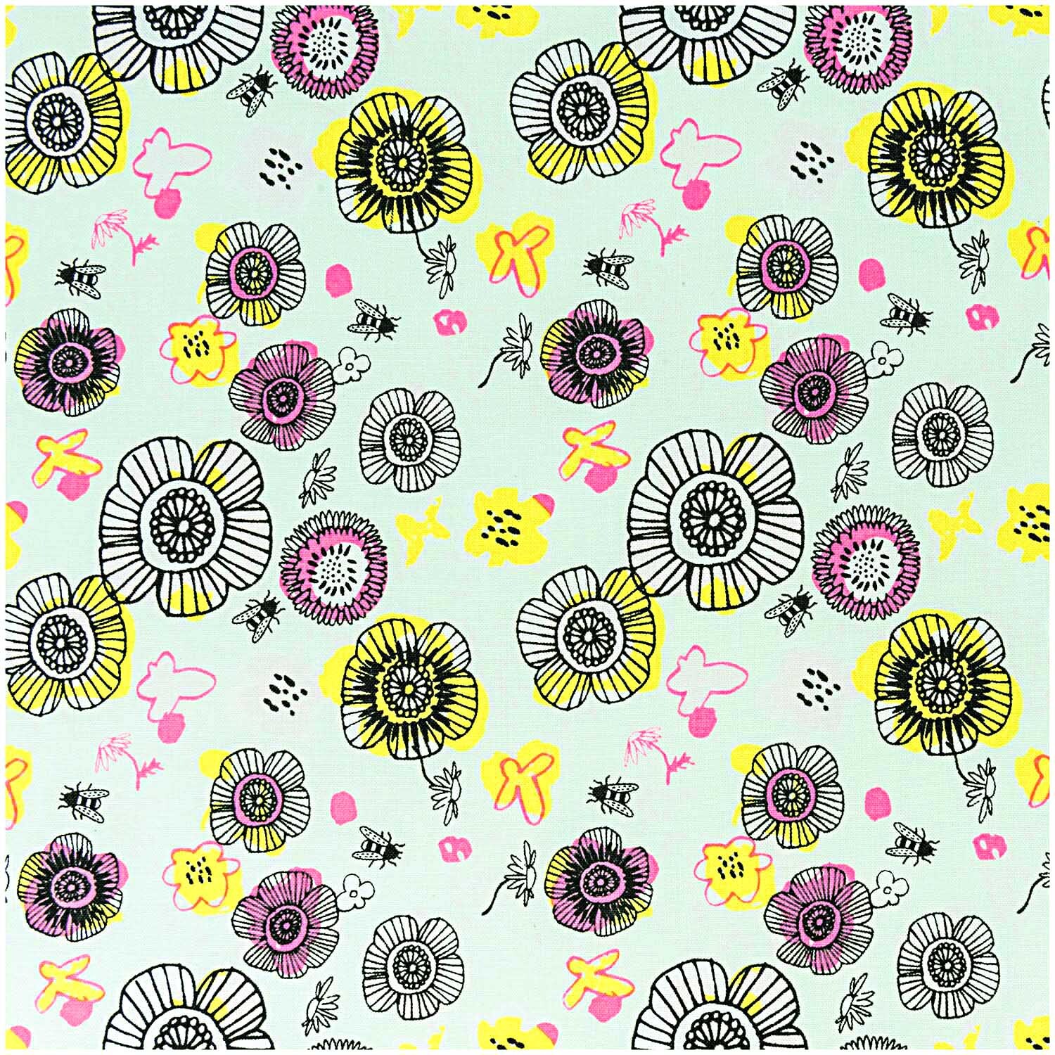 Stoff Blüten mint-neon 140cm: Lebendiges Blumenmuster in Mint und Neon von Rico Design, ideal für kreative Projekte.