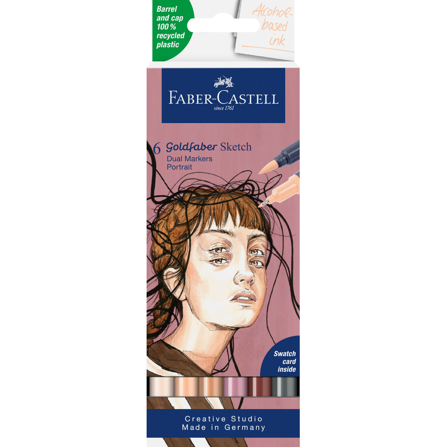 Goldfaber Sketch Marker Etui Portrait Set zeigt eine Frauenskizze mit 6 Markern von Faber Castell.