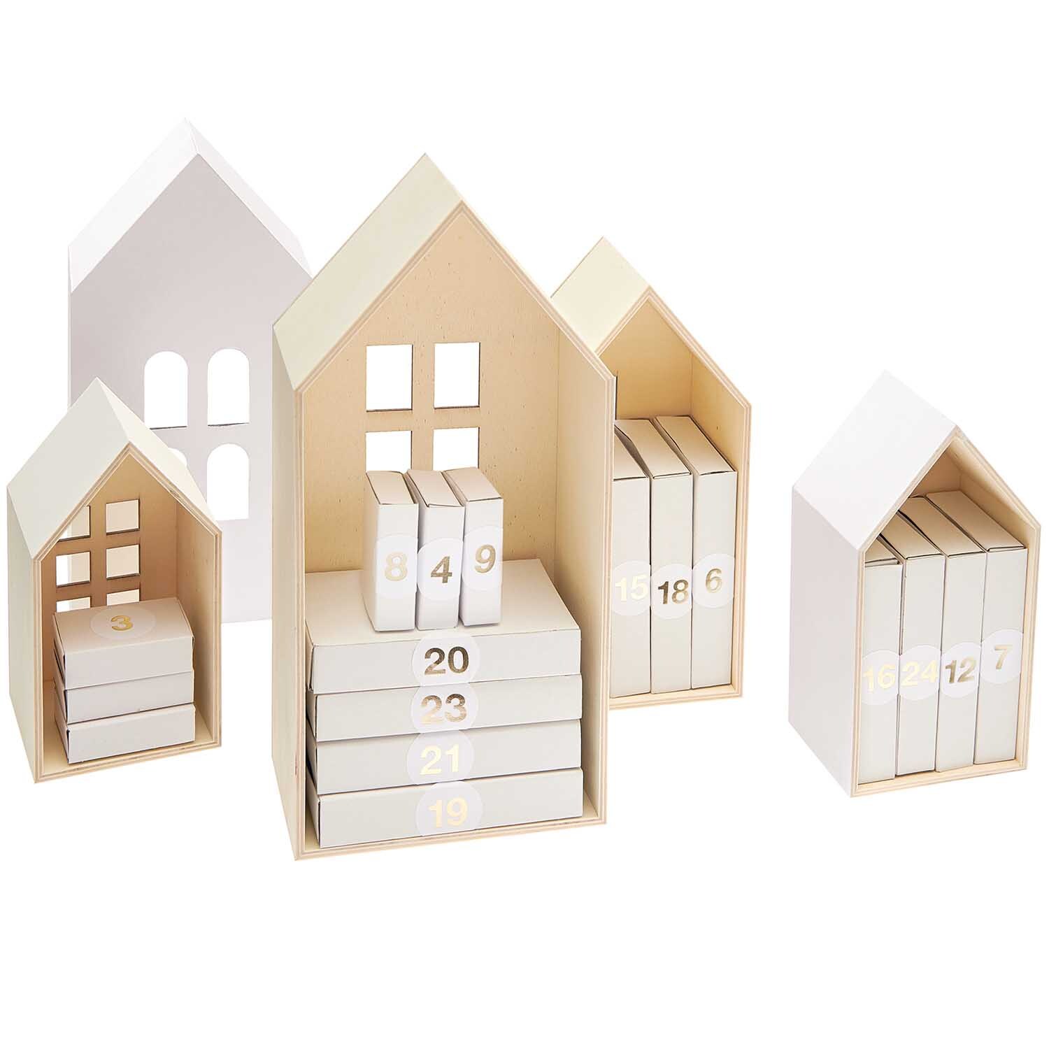 Holz-Deko-Häuser aus Holz mit Fenster von Rico Design, dekorative Aufbewahrung in Hausform.