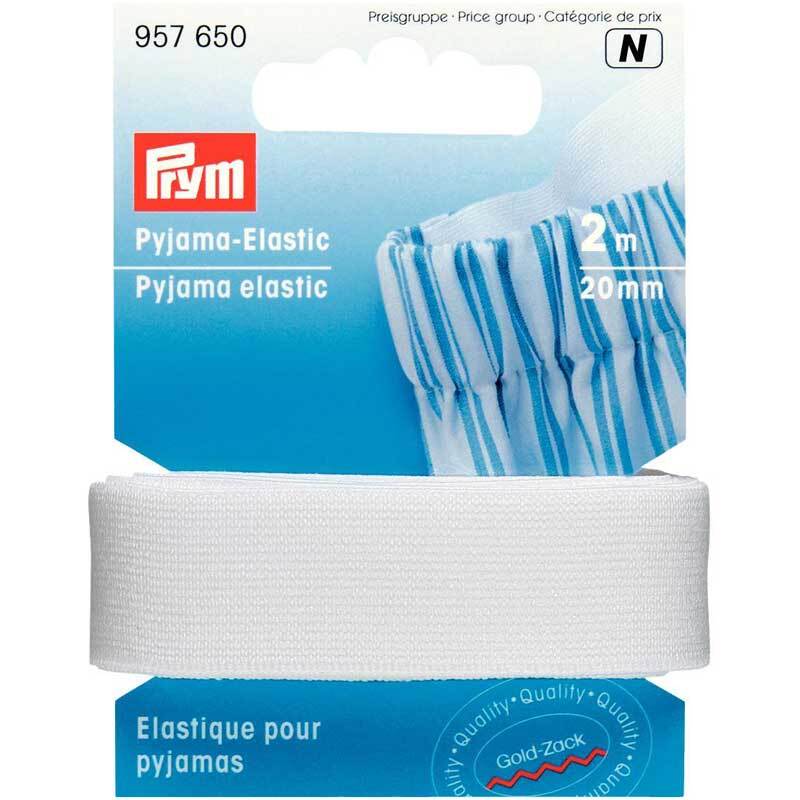 Pyjama Elastic weiß 20mm 2m von Prym, zeigt eine weiße elastische Binde auf blauem Hintergrund.