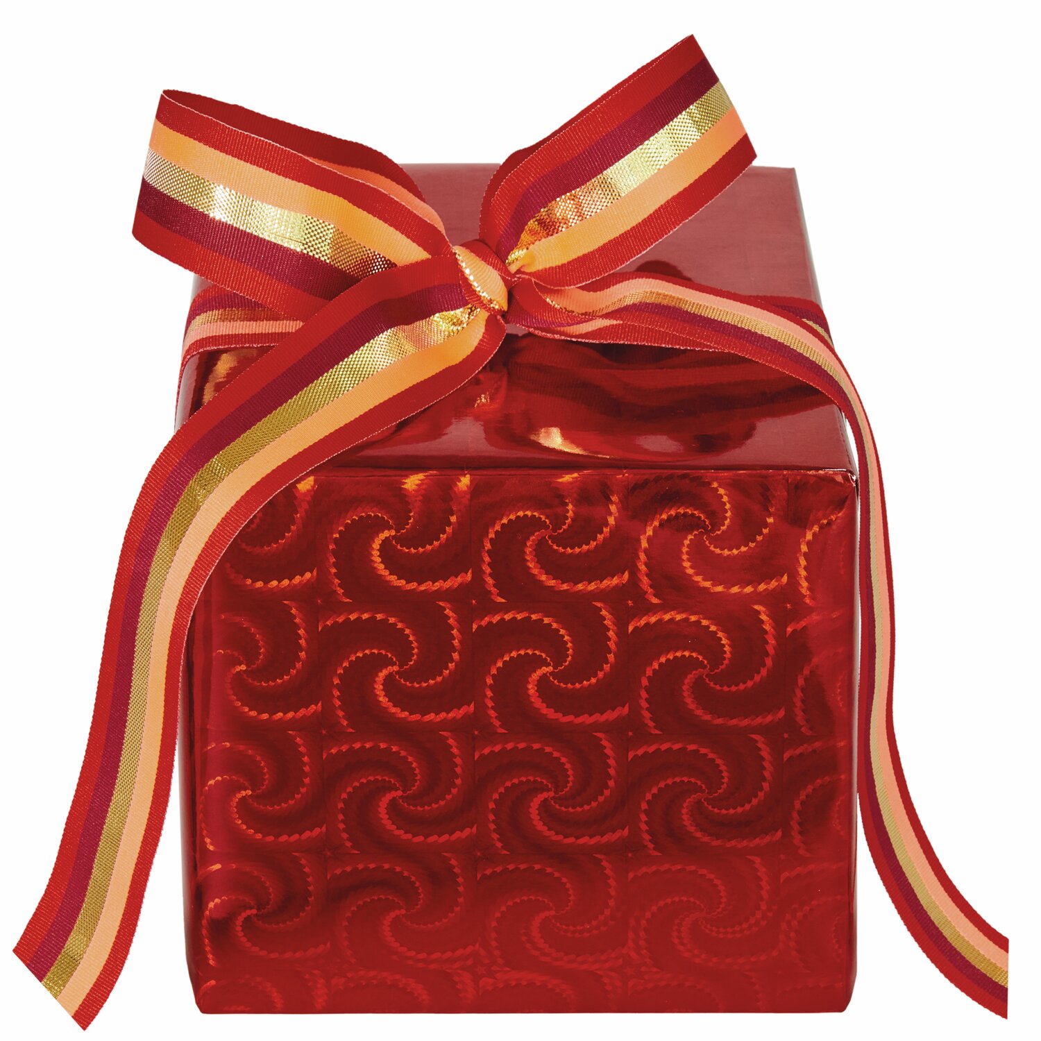 Paper Poetry Geschenkpapier holographisch mit Sternen umhüllt ein rotes Geschenk mit Schleife.