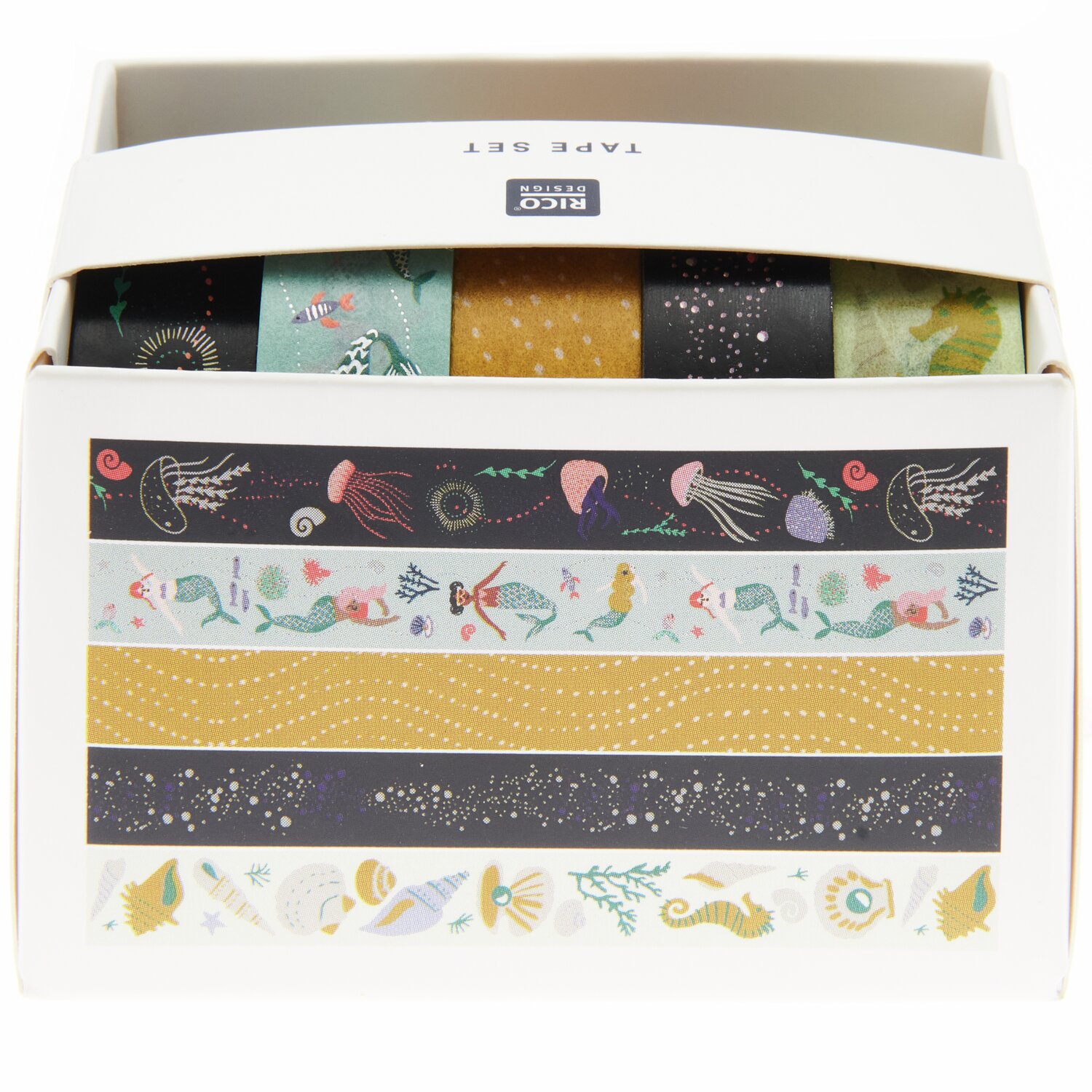 Paper Poetry Tape Set Mermaid, 5-teilig, von Rico Design. Mehrfarbige Designs mit Meeresmotiven. Ideal für kreative Projekte und Dekorationen.