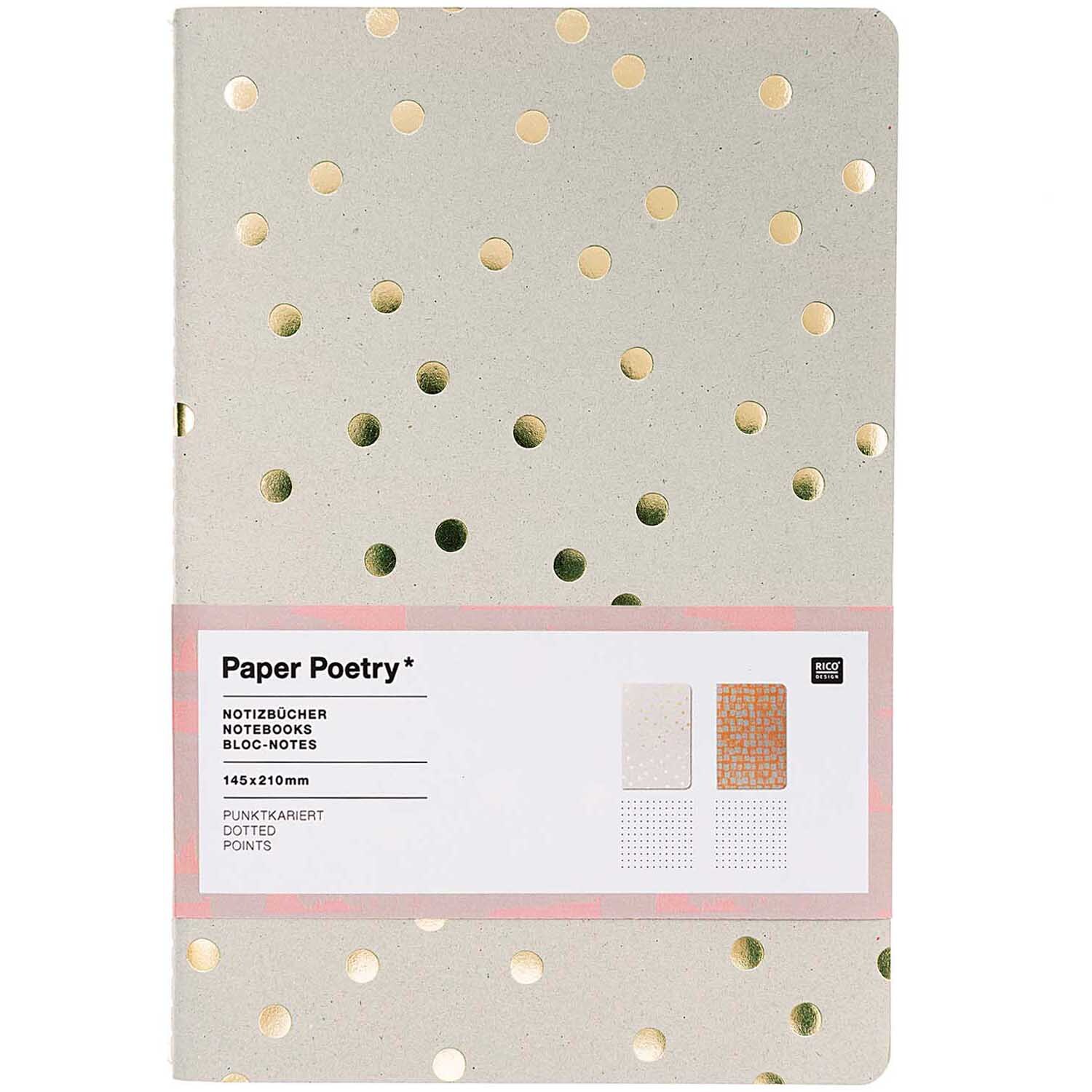 Paper Poetry Notizbücher in A5 mit punktkarierten Seiten, karamell-graues Design, 40 Seiten, 2 Stück.
