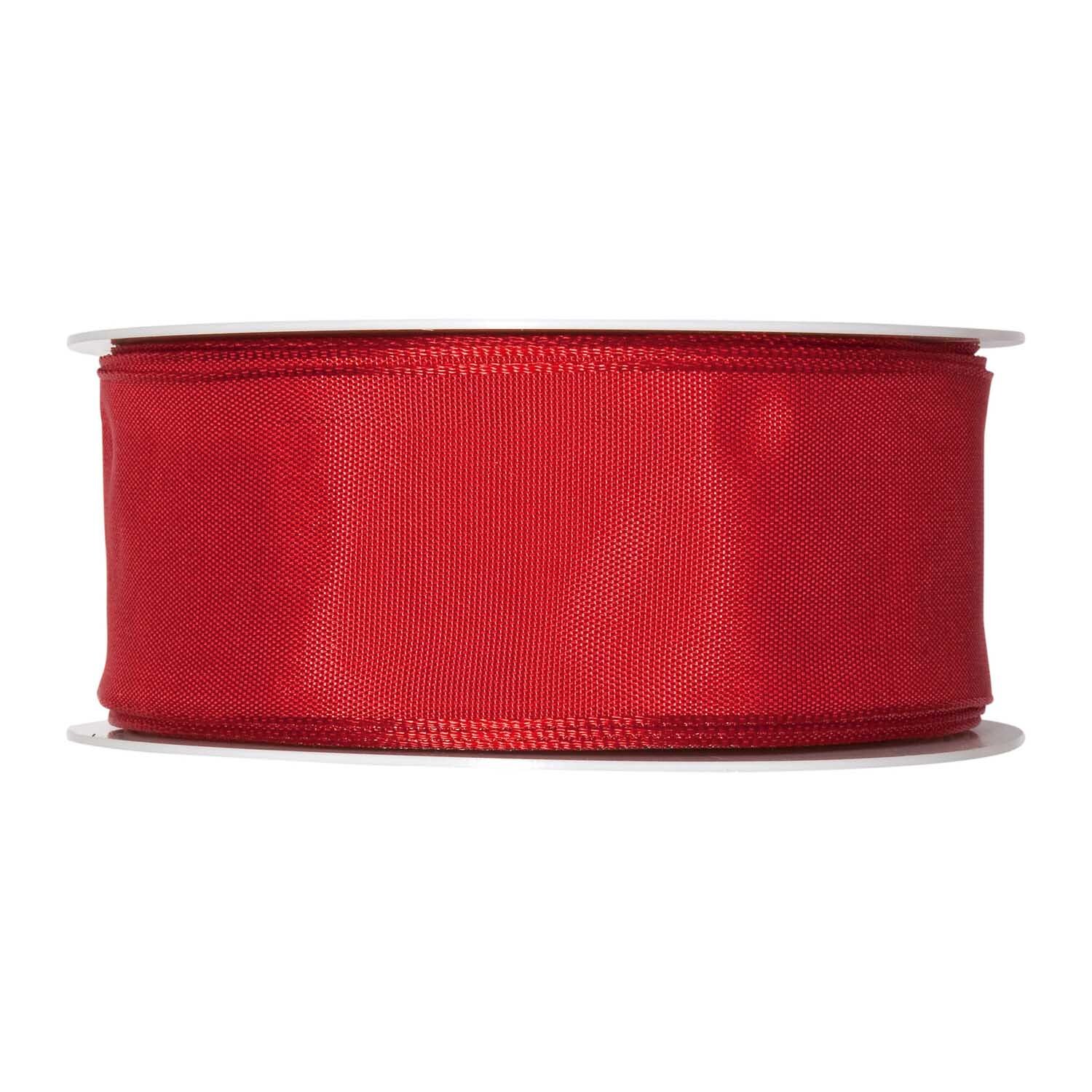 Drahtkantenband 40mm 5m von Halbach in leuchtendem Rot auf einer Rolle, ideal für Dekorationen.