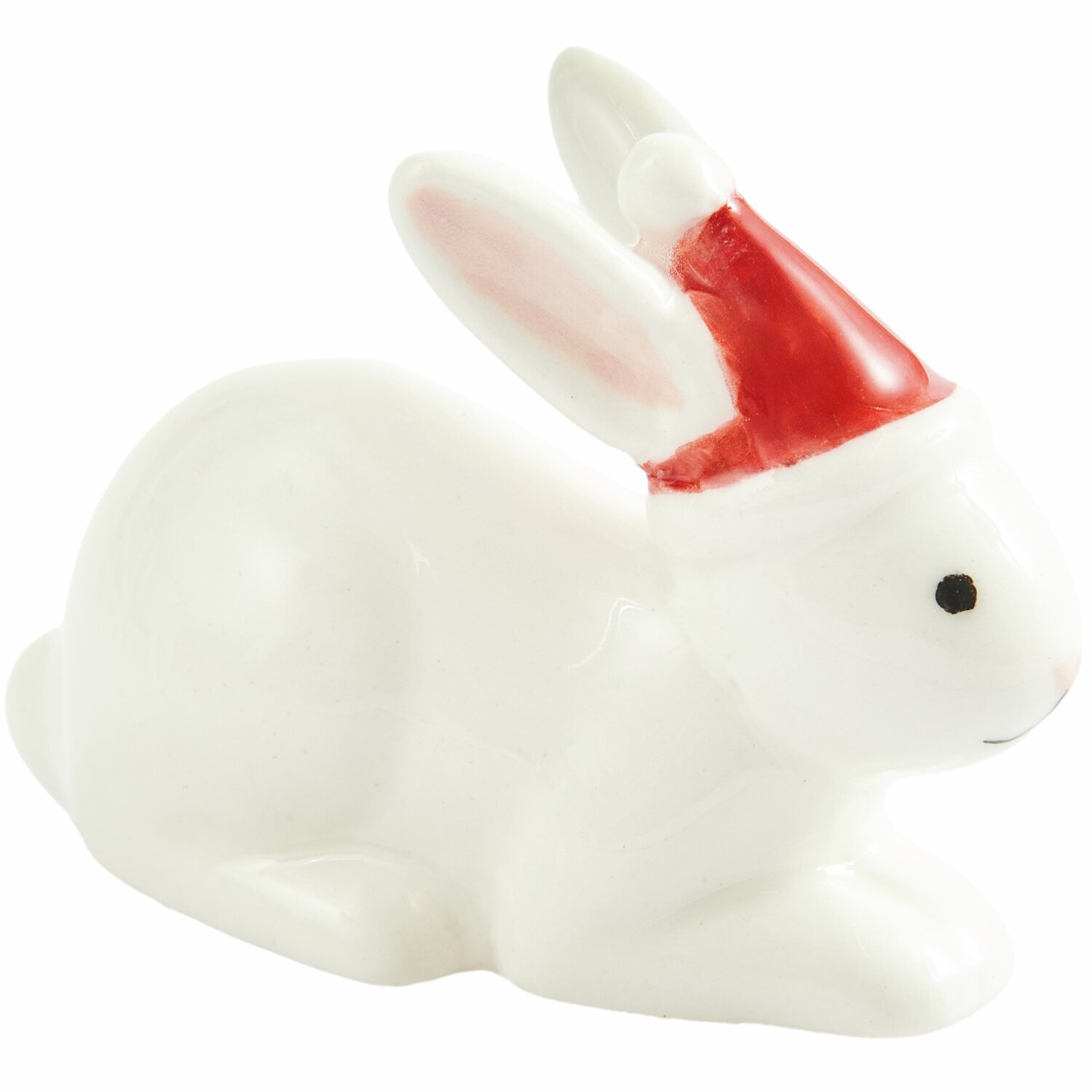 Porzellan Hase mit Weihnachtsmütze, weiß, von Rico Design. Niedliche Dekofigur, ideal für festliche Anlässe. Maße: 3,3x4,7x2,2cm.