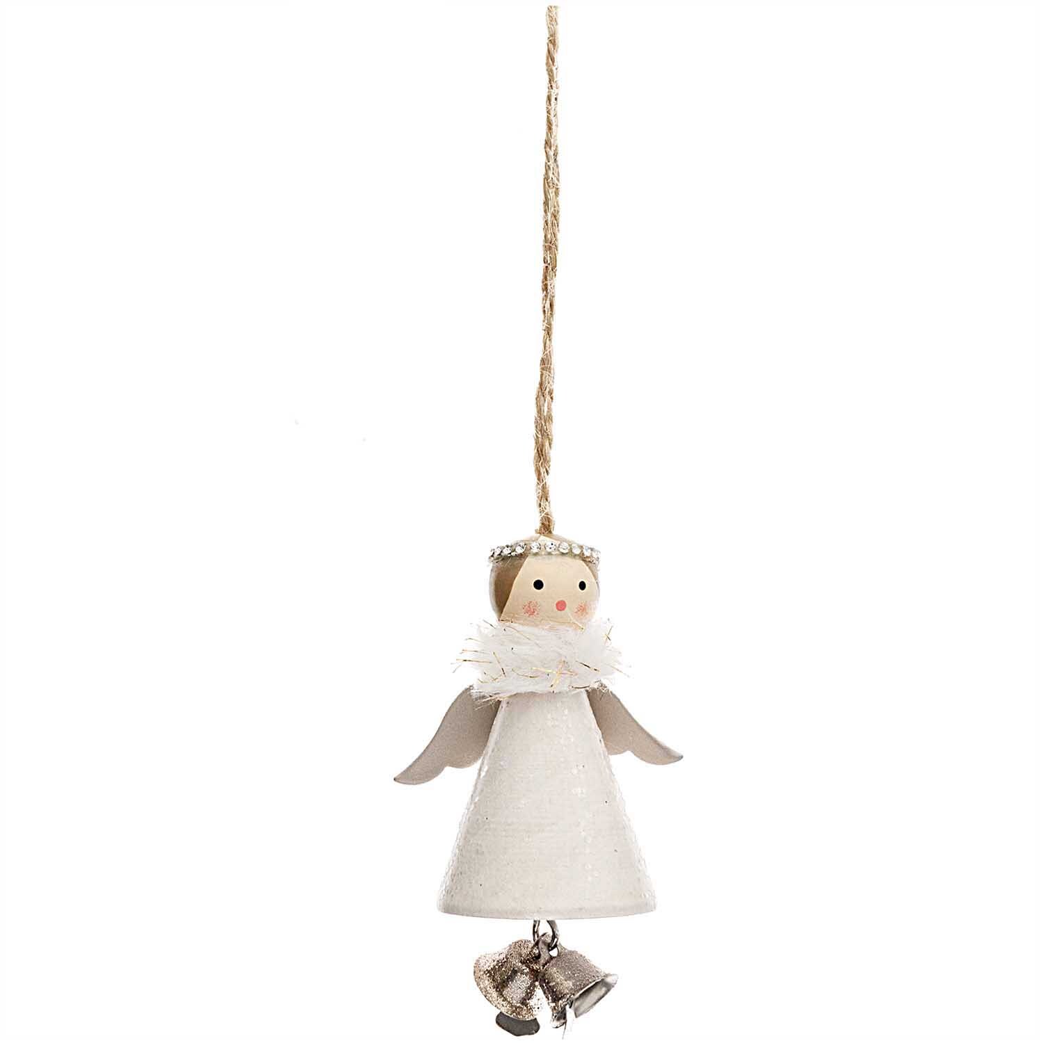 Holzhänger Engel mit Glöckchen, 8 cm, von Rico Design. Weißer Engel mit Flügeln und Glöckchen.