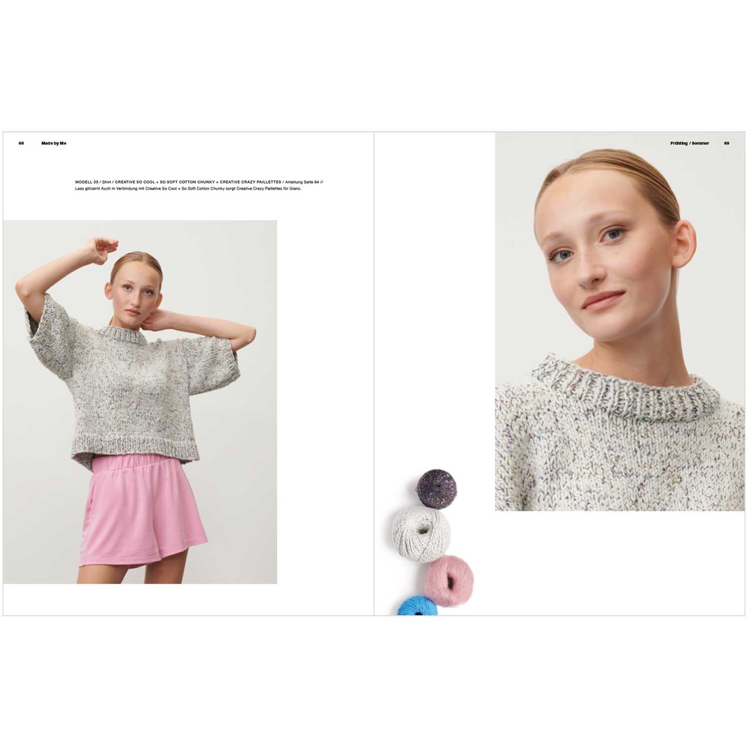 Made by Me Handknitting Nr.14 Frühjahr-Sommer: Frau trägt grauen Strickpullover und rosa Shorts, präsentiert von Rico Design.