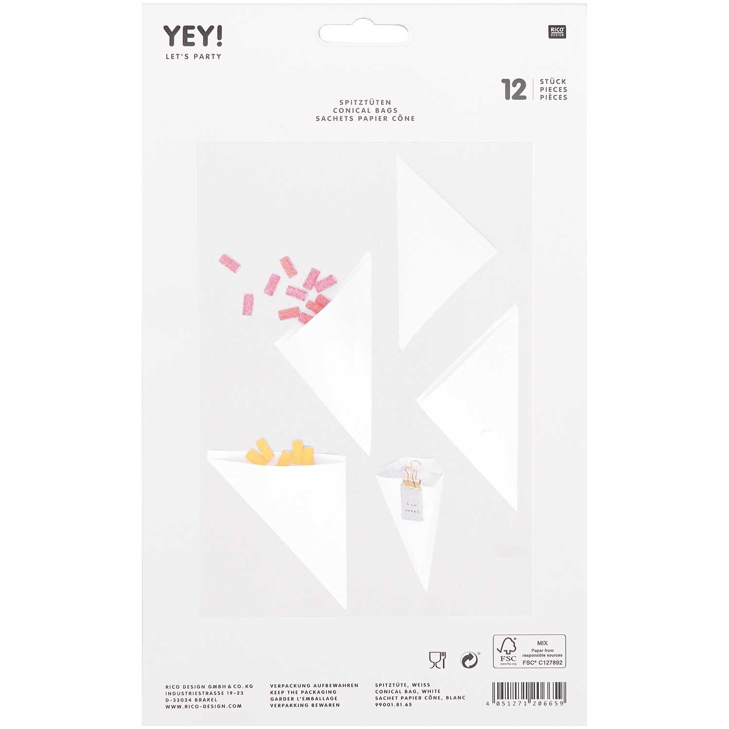 Spitztüten weiß 170x170mm 12 Stück von Rico Design, ideal für Partys, mit buntem Konfetti.
