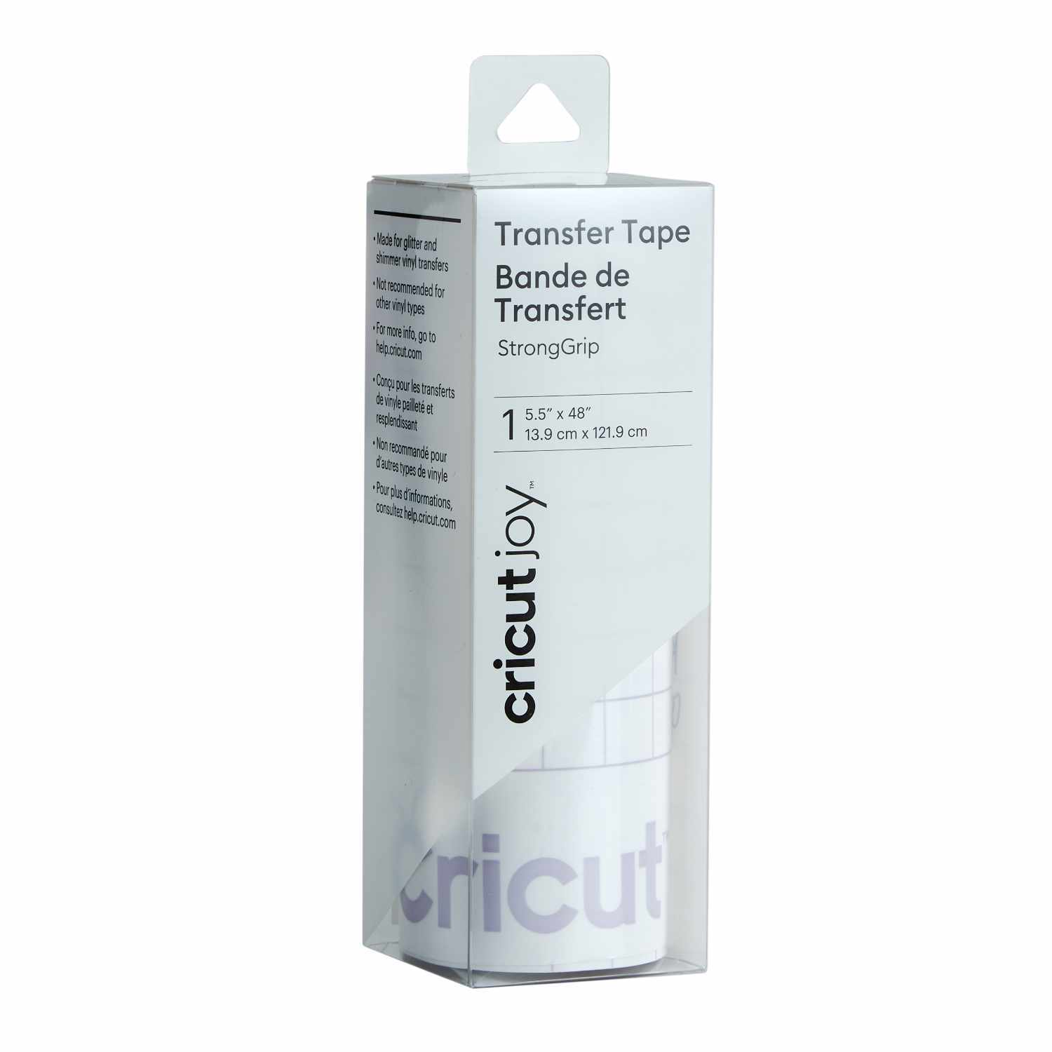 Joy Transfer Tape Strong Grip 13,9x121,9cm in weißer Verpackung mit Cricut-Logo, ideal für präzise Bastelprojekte.