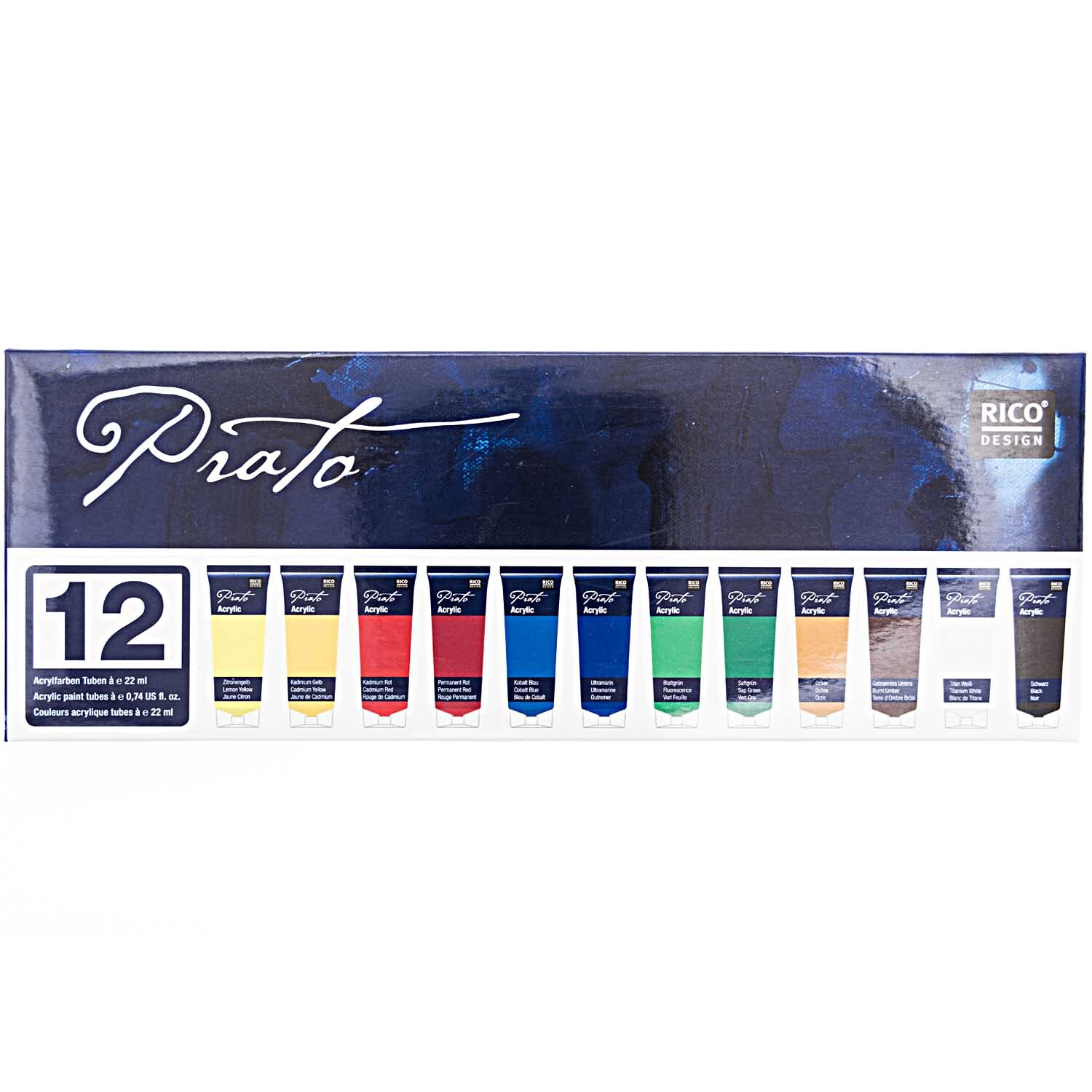 Prato Special Edition 12x22ml: Farbset von Rico Design mit 12 bunten Tuben in einer blauen Verpackung.