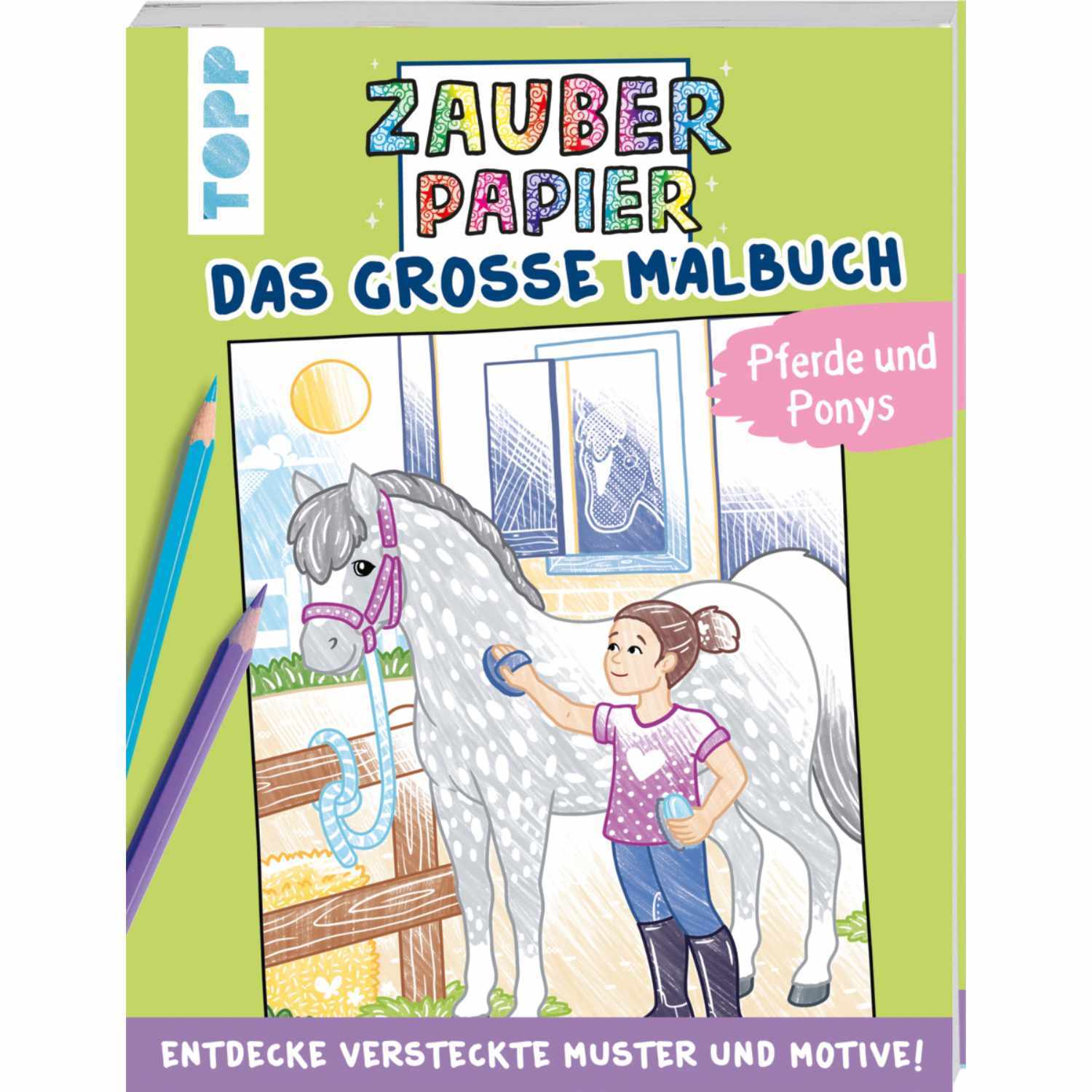 Zauberpapier - Das große Malbuch Pferde zeigt ein Mädchen, das ein Pferd malt. Marke: TOPP.