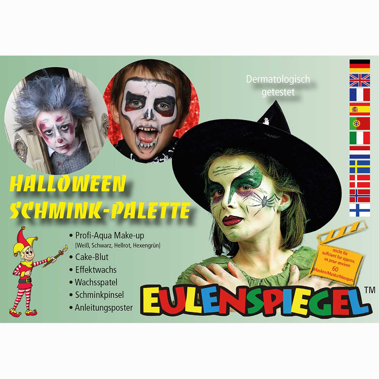 Schminkpalette Halloween: Kinder mit gruseligem Make-up, inspiriert von Eulenspiegel, ideal für Halloween.