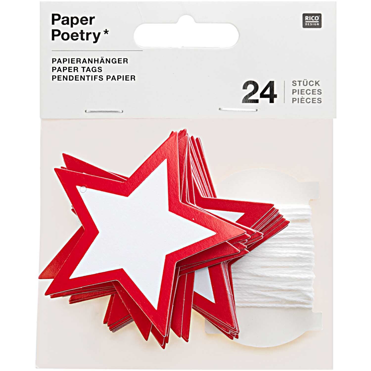 Paper Poetry Papieranhänger in Sternform, 24 Stück, in Weiß-Rot, ideal für kreative Dekorationen.