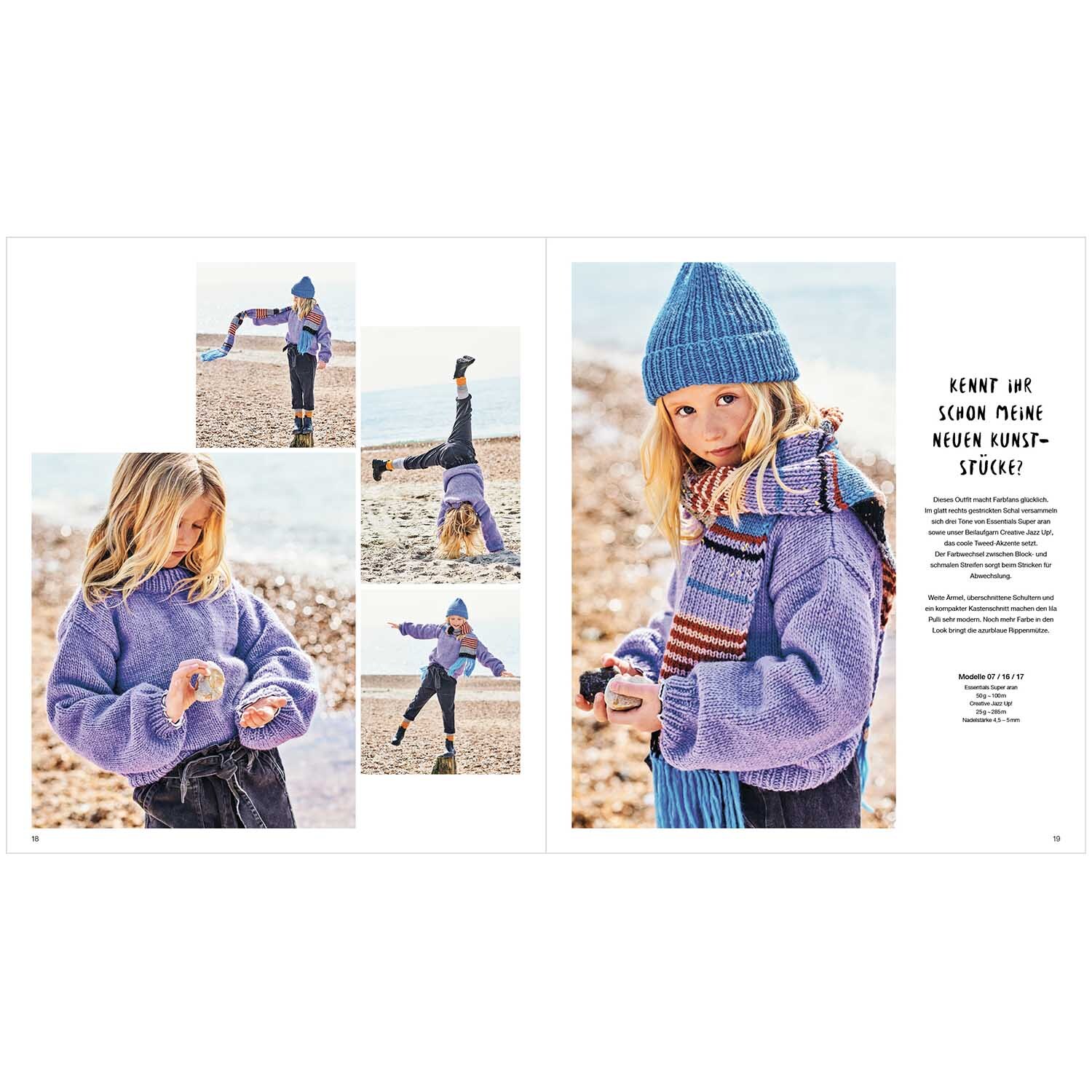 Kids Nr.9: Kind in lila Pullover und blauer Mütze am Strand, spielt fröhlich mit Sand.