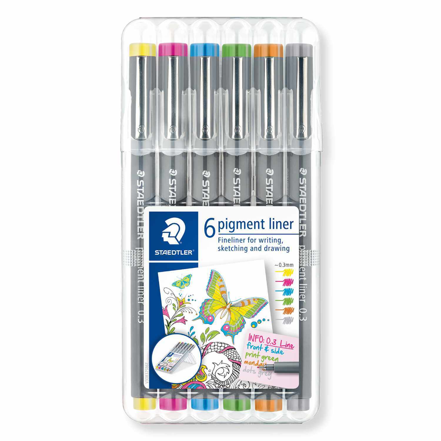 Pigment Liner 308 Fineliner 6 Stück von Staedtler in einer transparenten Verpackung mit bunten Kappen. Ideal zum Schreiben und Zeichnen.