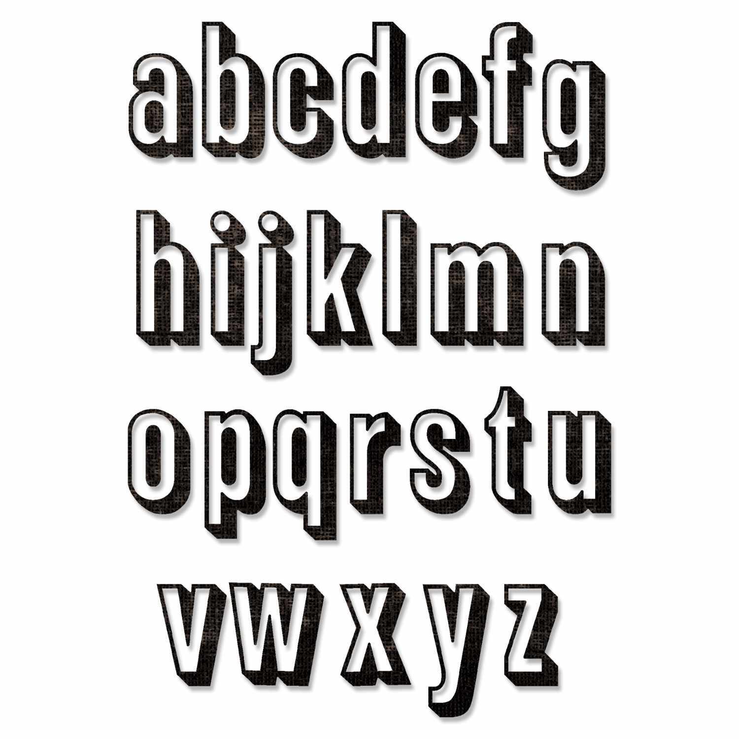 Thinlits Die Set Alphanumeric Shadow Lower zeigt schwarze Buchstaben von a bis z in einem stilvollen, schattierten Design. Ideal für kreative Projekte.